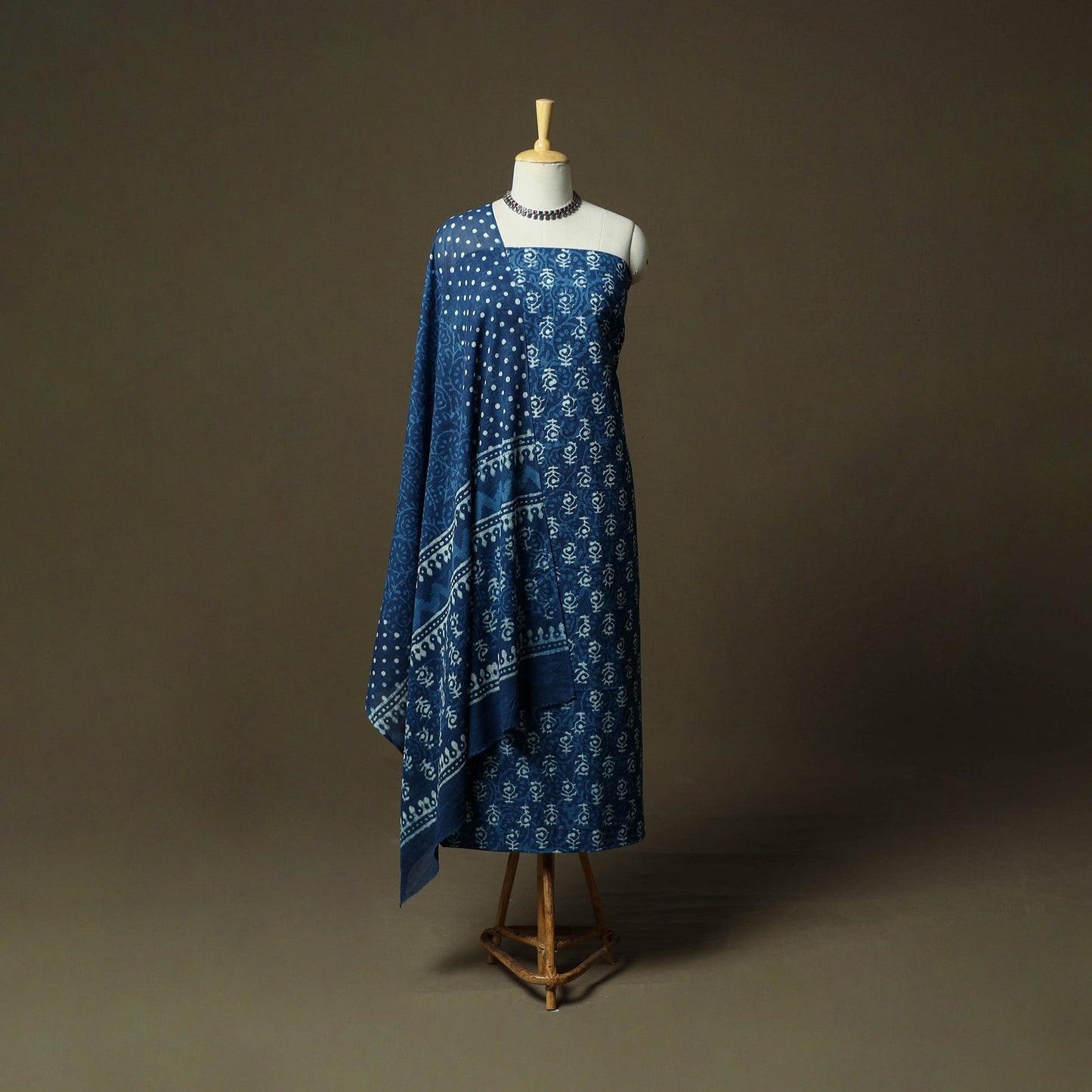Hand block print cotton indigo bagru 3pc unstitched dress