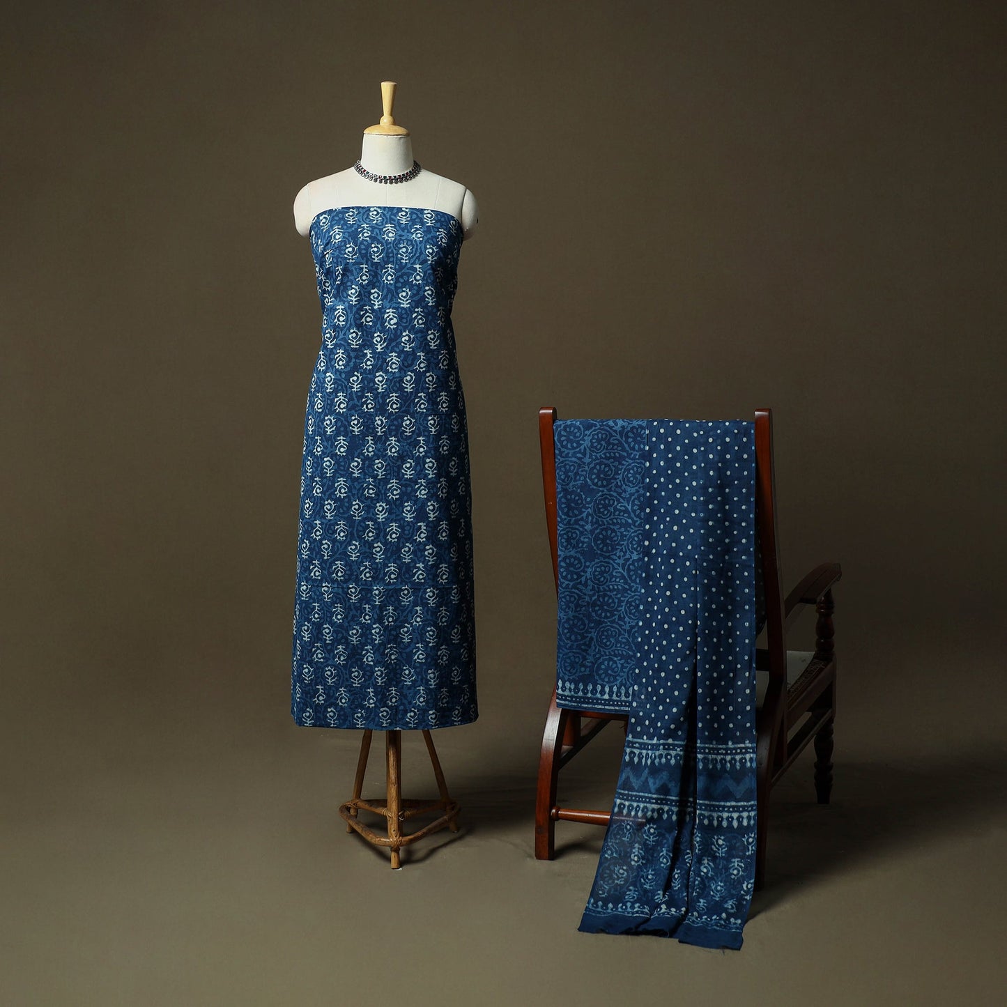Hand block print cotton indigo bagru 3pc unstitched dress