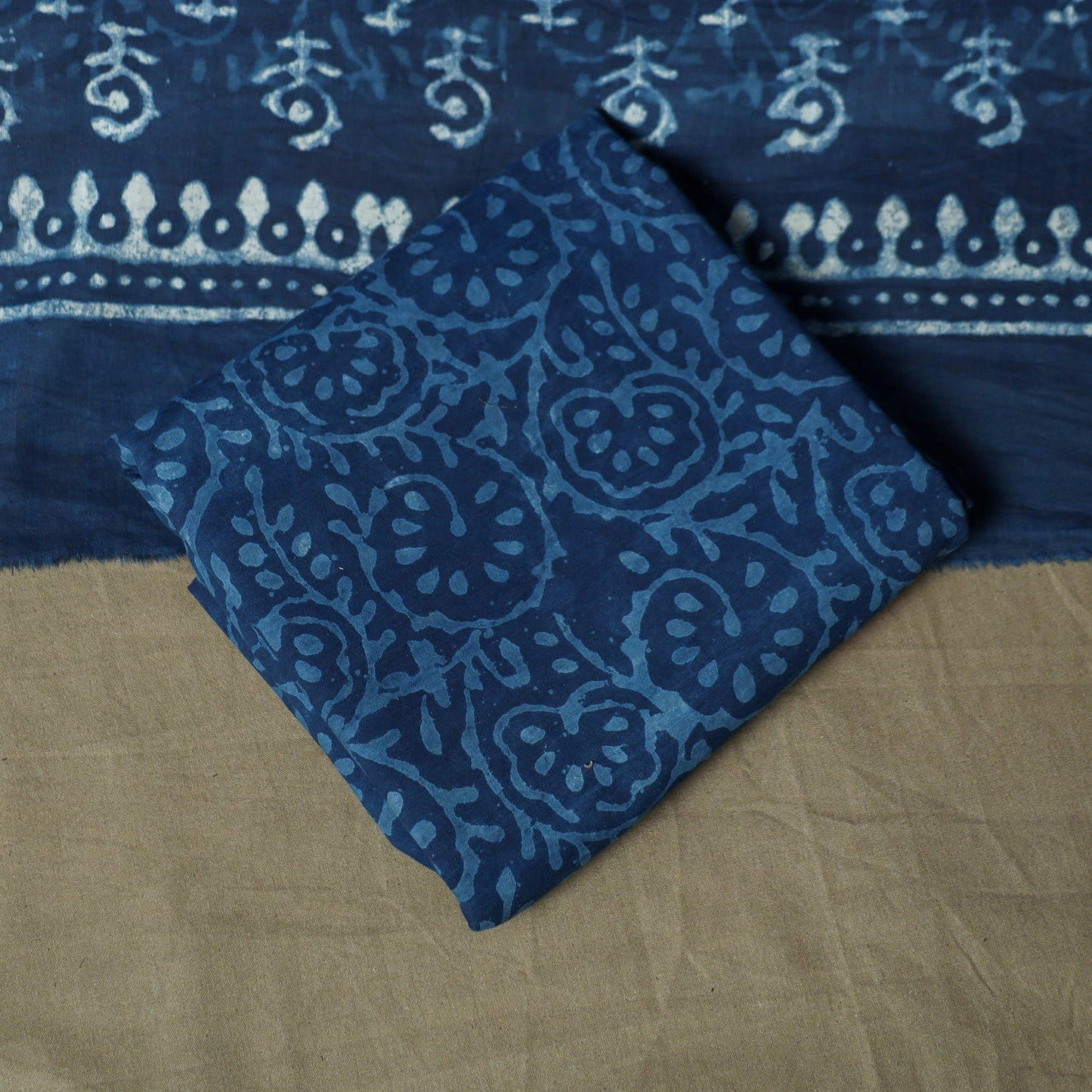 Hand block print cotton indigo bagru 3pc unstitched dress