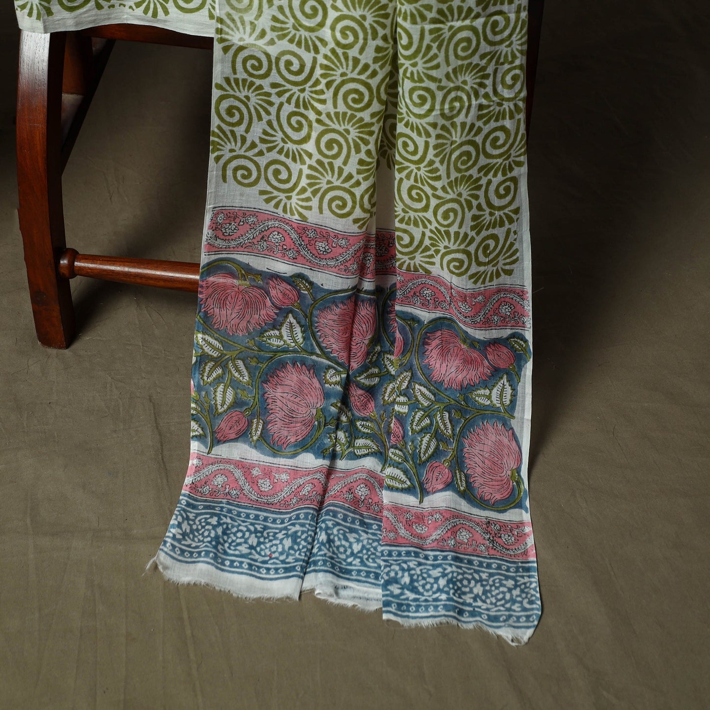 Hand block print cotton sanganeri 3pc unstitched dress