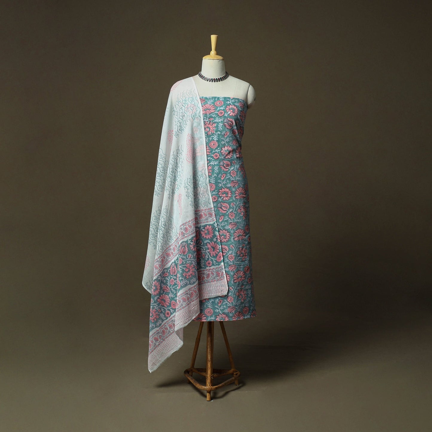 Hand block print cotton sanganeri 3pc unstitched dress