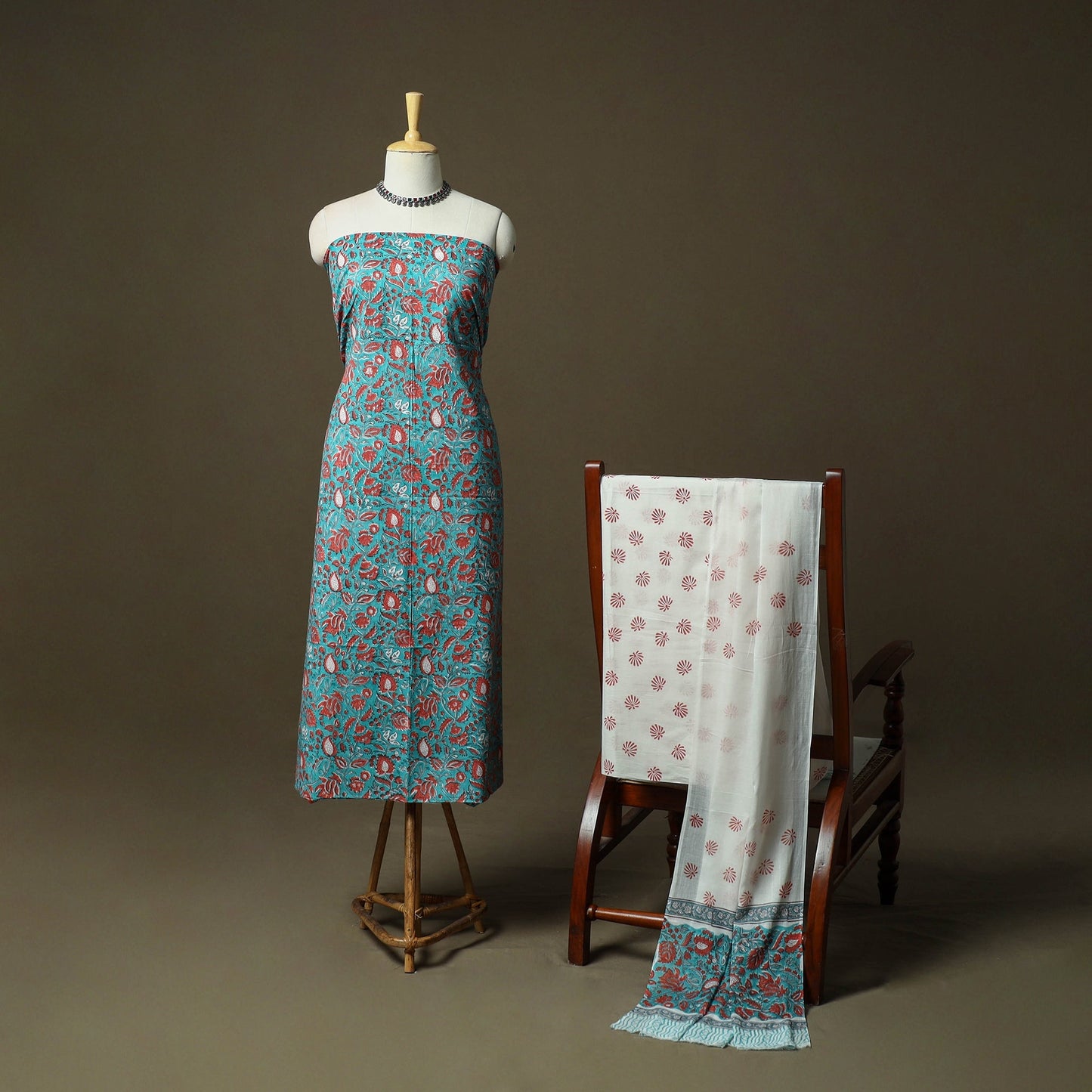 Hand block print cotton sanganeri 3pc unstitched dress