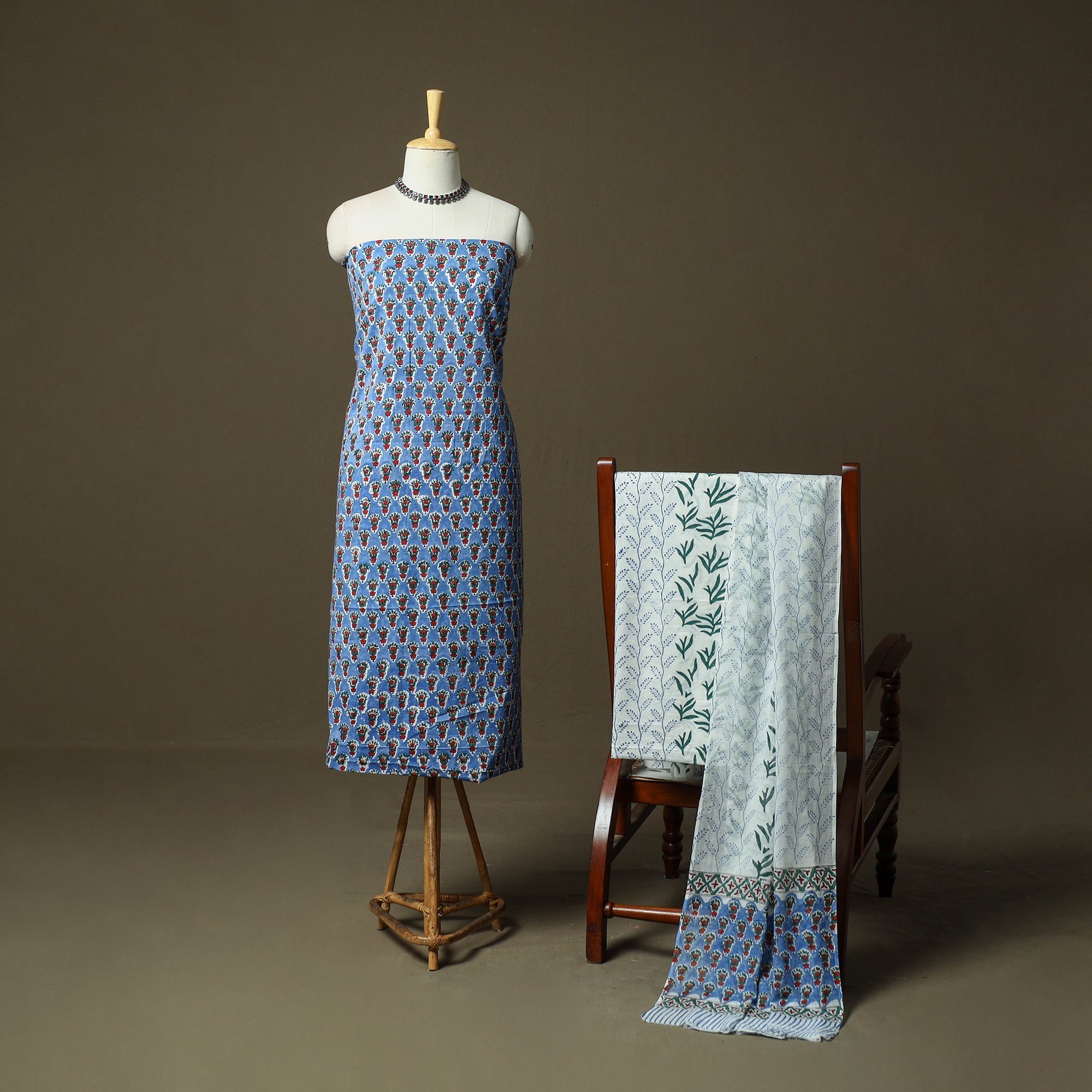 Blue Hand Block Print Cotton Sanganeri 3pc Unstitched Dress Material Suit Sets
