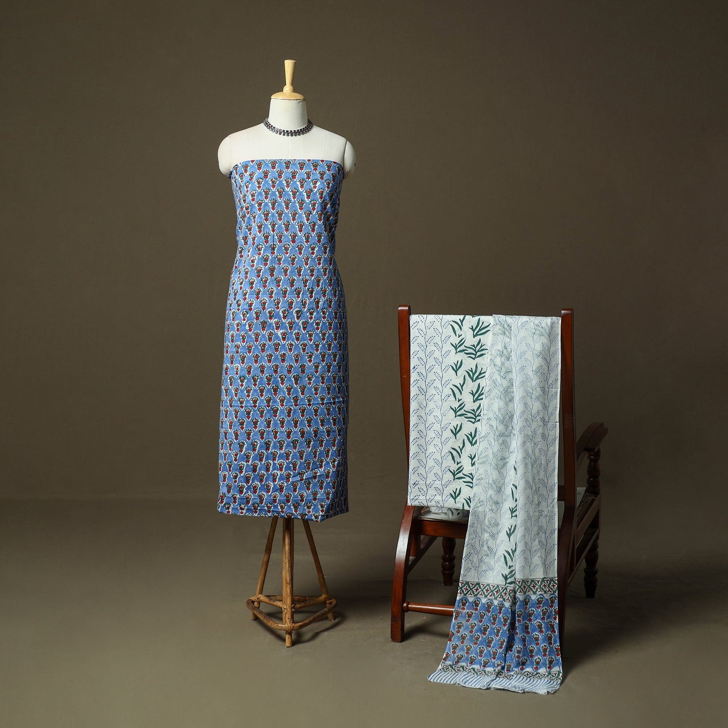 Hand block print cotton sanganeri 3pc unstitched dress