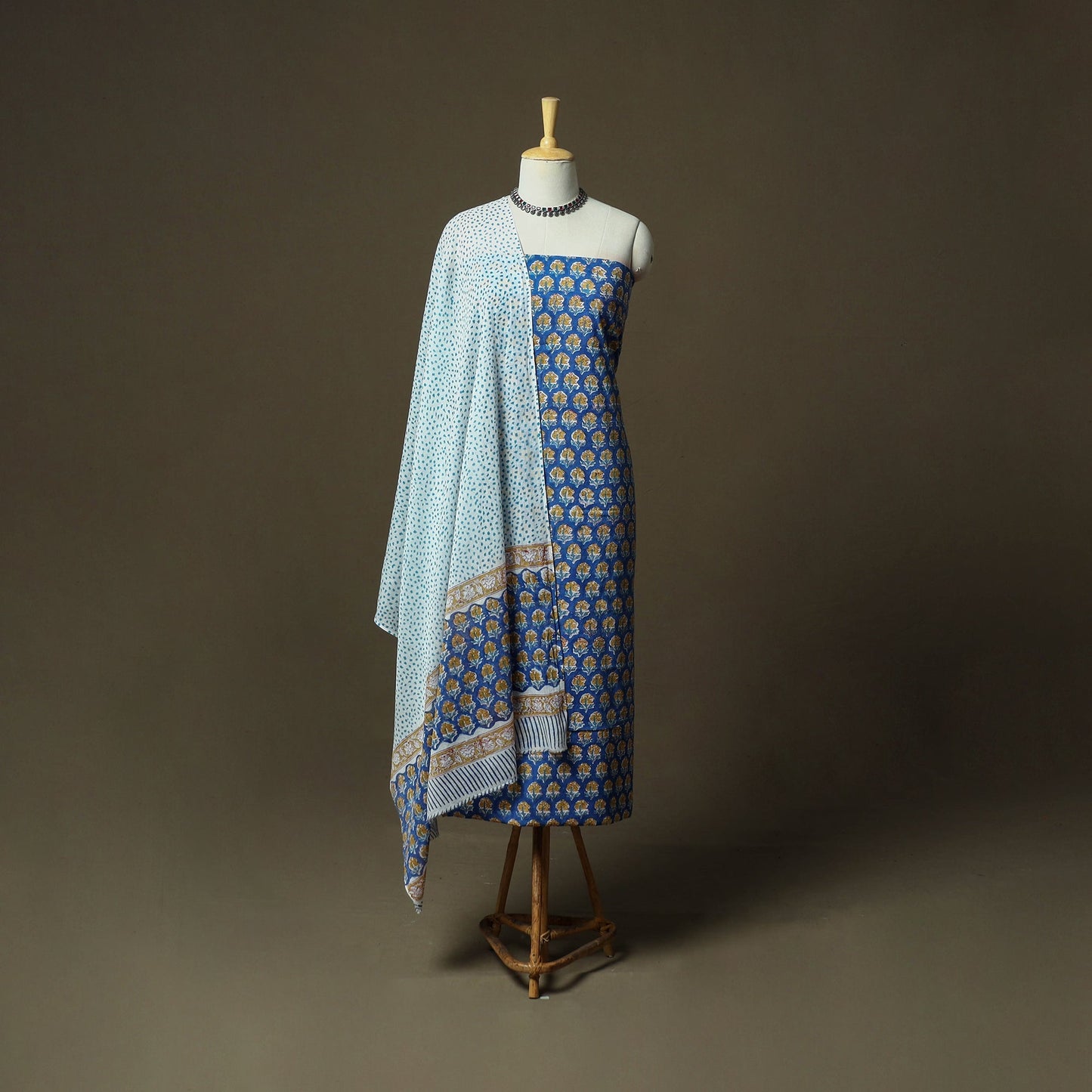 Hand block print cotton sanganeri 3pc unstitched dress