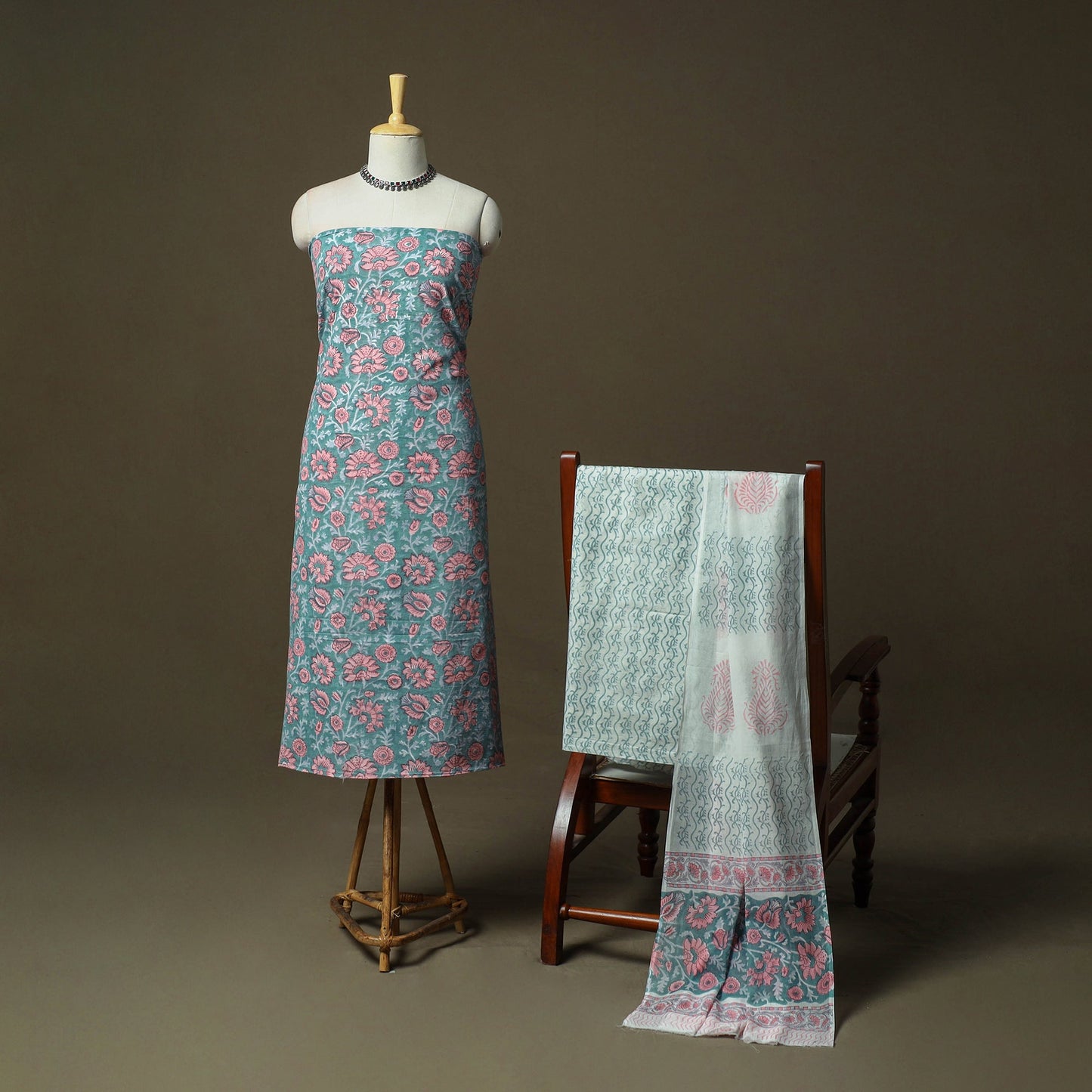 Hand block print cotton sanganeri 3pc unstitched dress