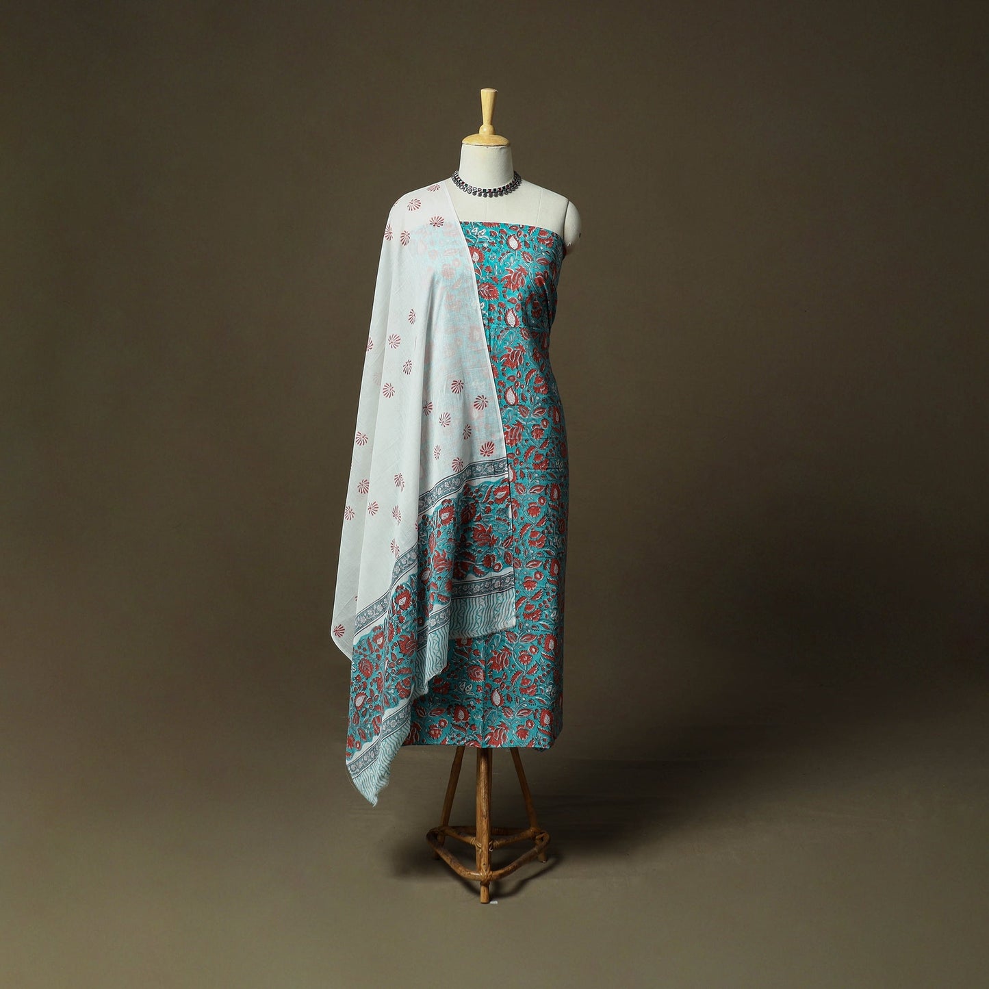 Hand block print cotton sanganeri 3pc unstitched dress