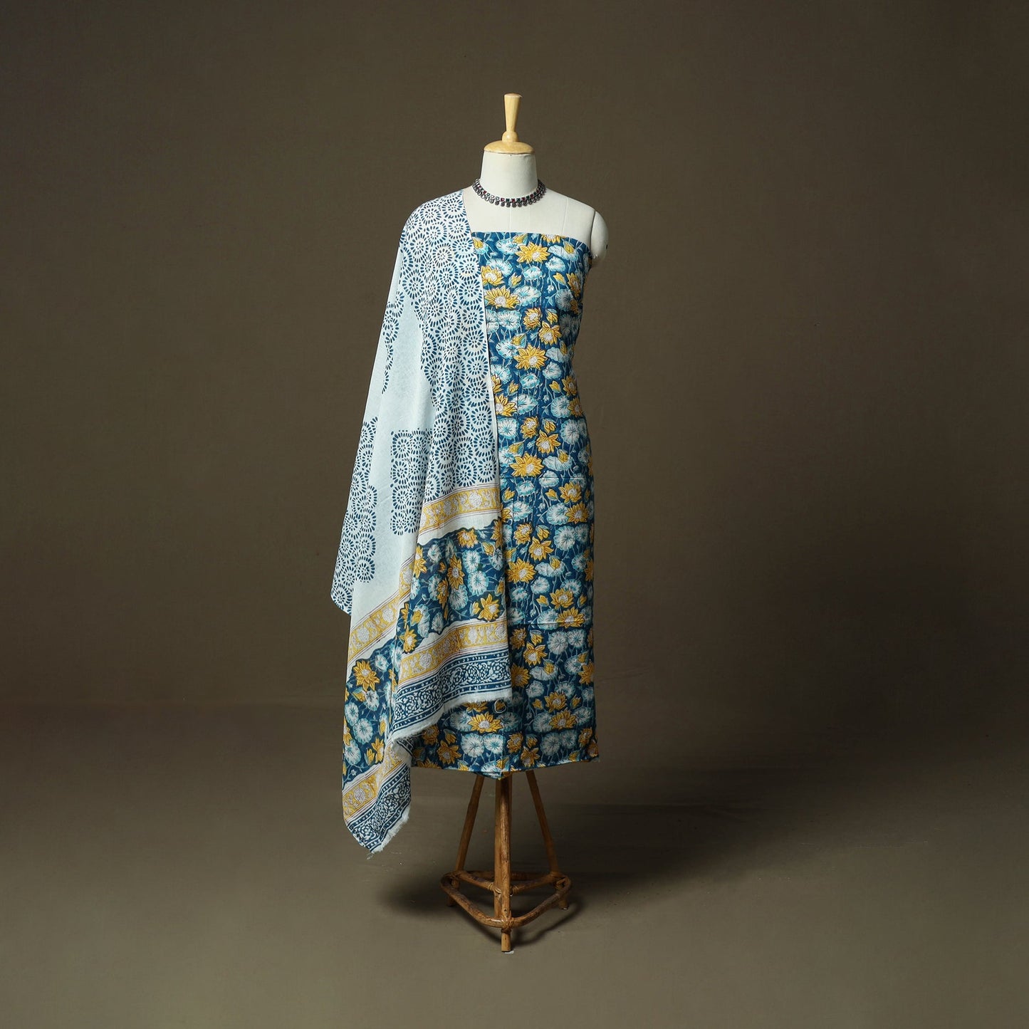 Hand block print cotton sanganeri 3pc unstitched dress