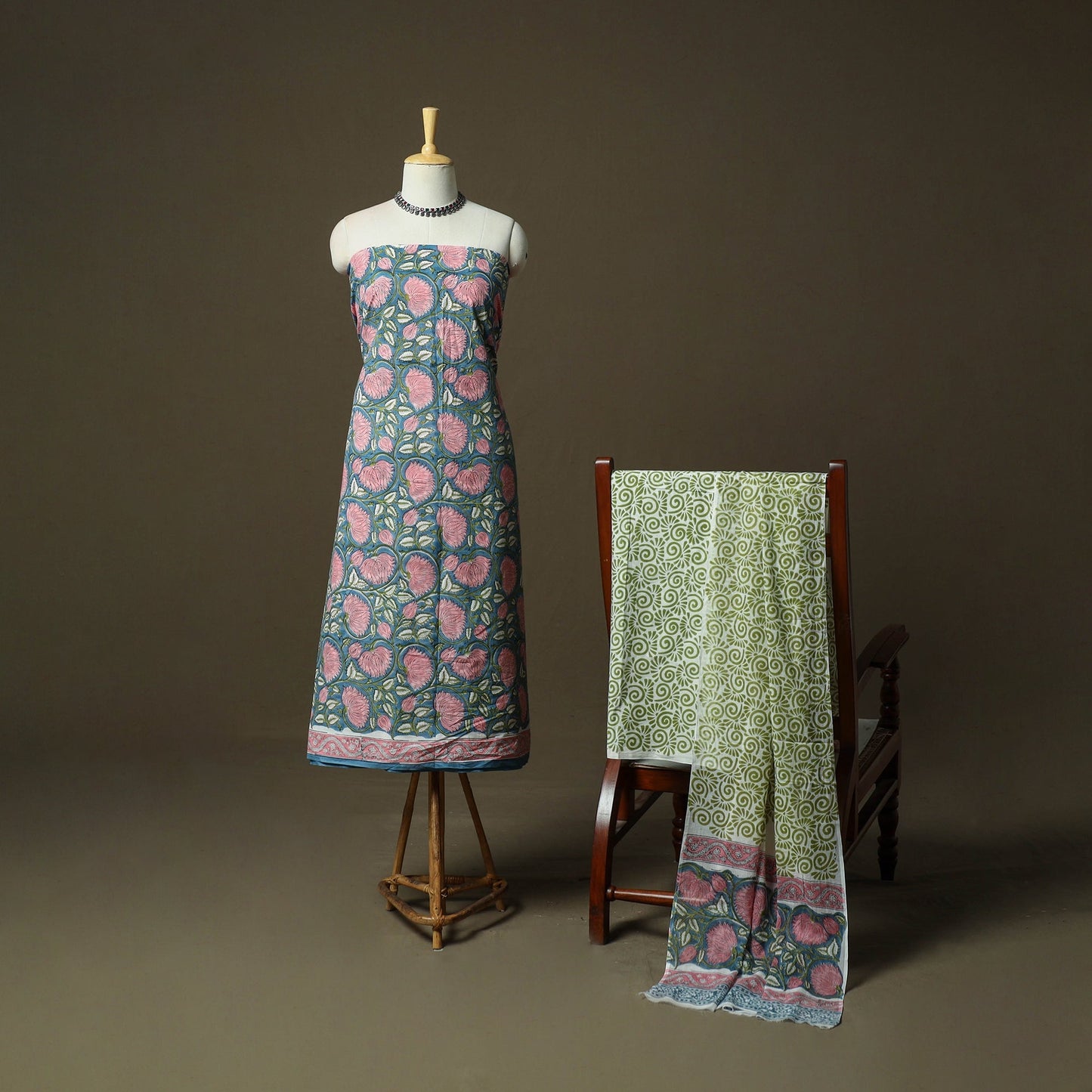 Hand block print cotton sanganeri 3pc unstitched dress