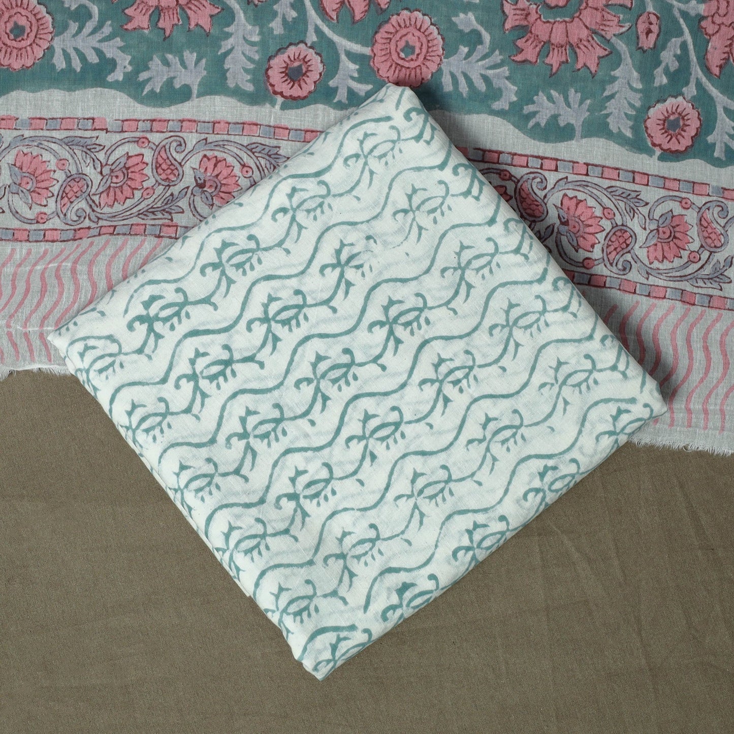 Hand block print cotton sanganeri 3pc unstitched dress