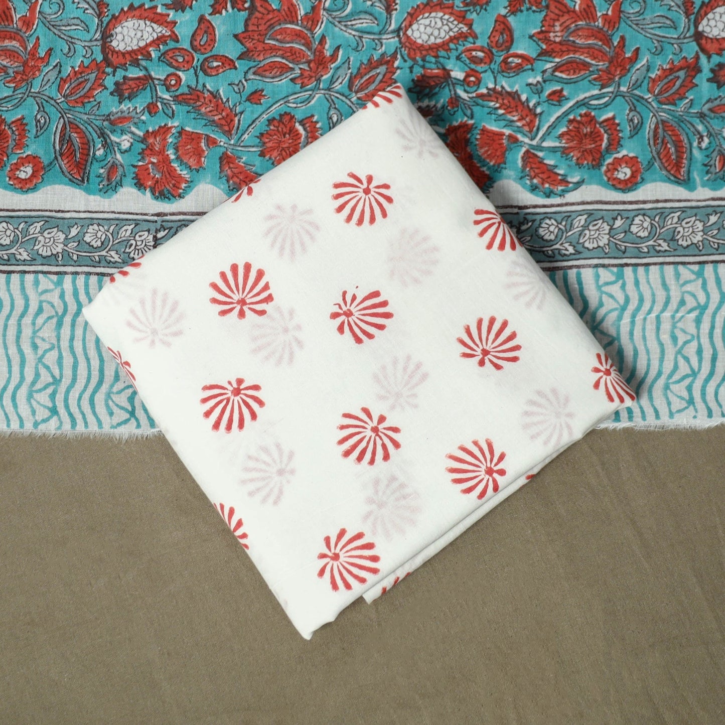Hand block print cotton sanganeri 3pc unstitched dress
