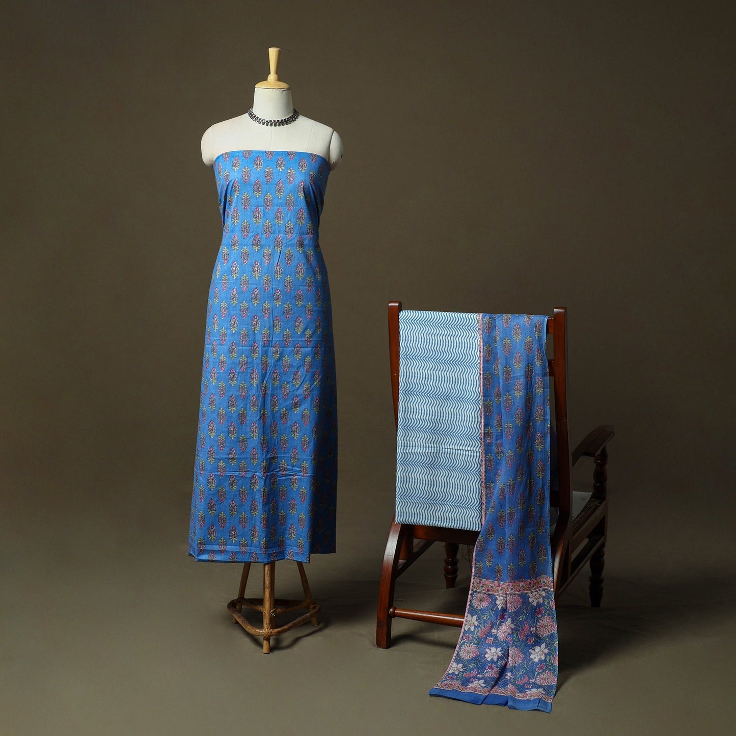 Hand block print cotton sanganeri 3pc unstitched dress