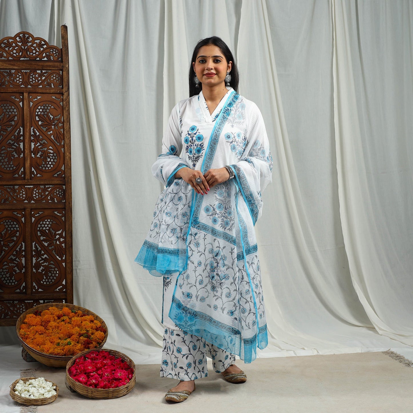 Buy Block Print Cotton Sanganeri Kurta Set