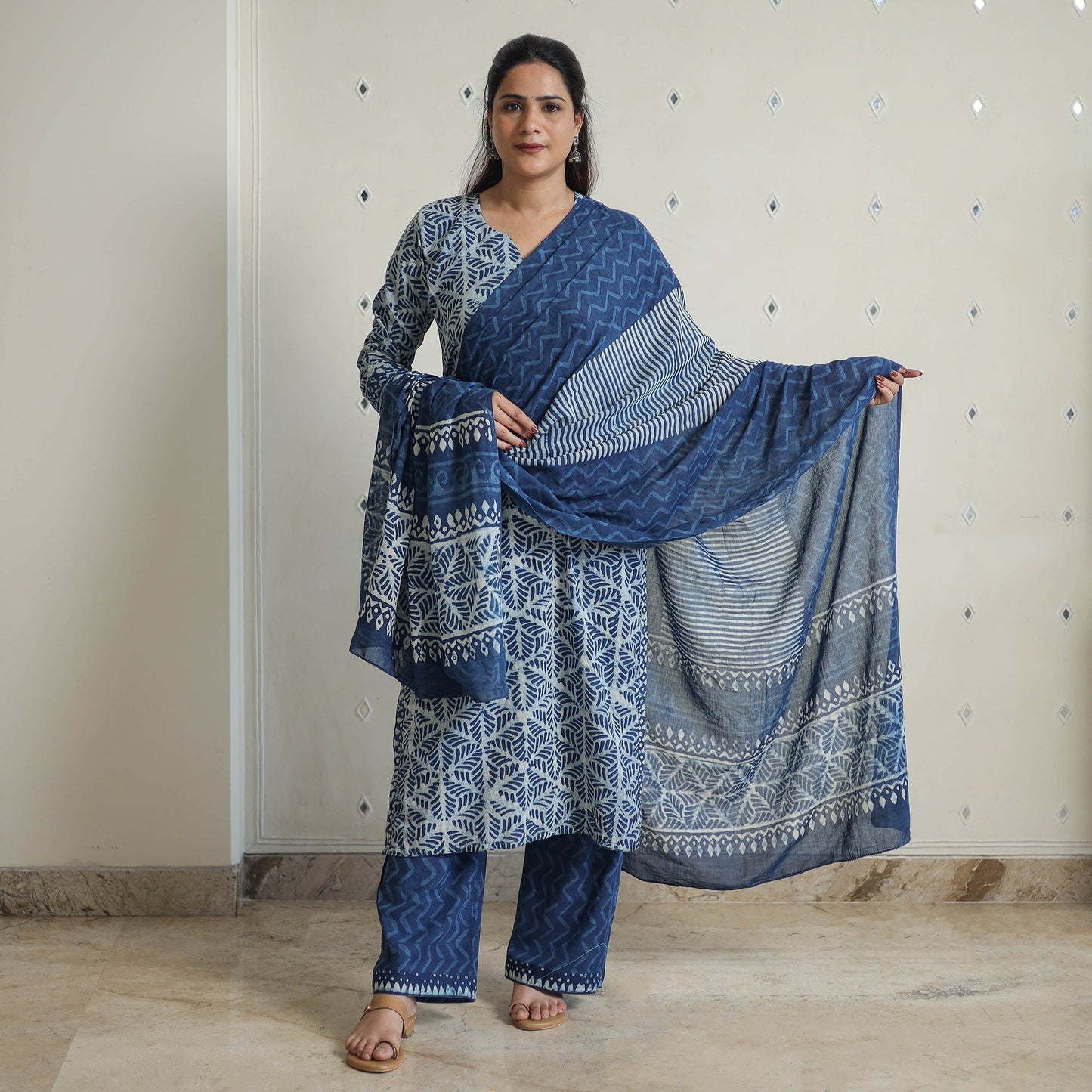 Buy Indigo Bagru Hand Block Print Kurta, Palazzo & Dupatta Set