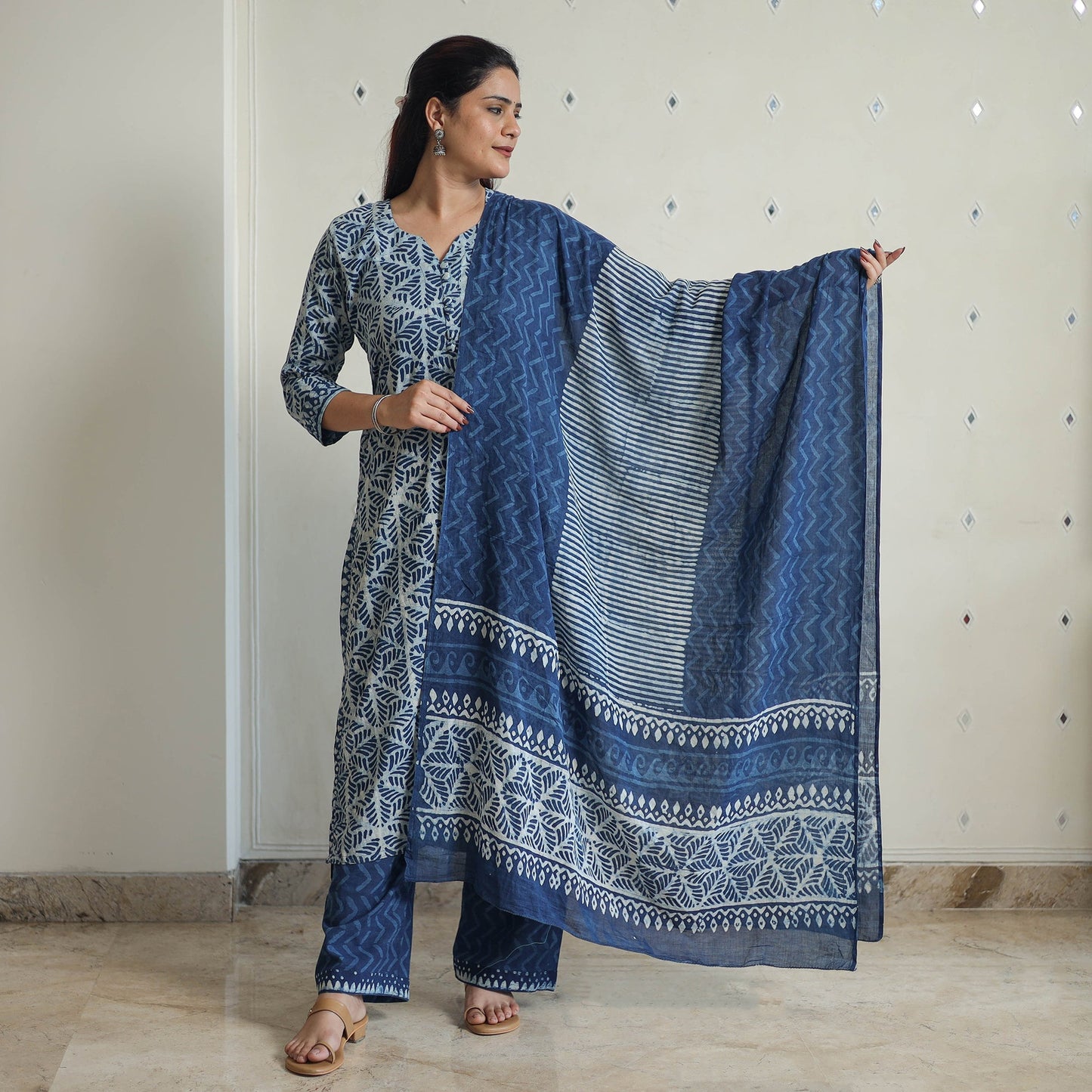 Buy Indigo Bagru Hand Block Print Kurta, Palazzo & Dupatta Set