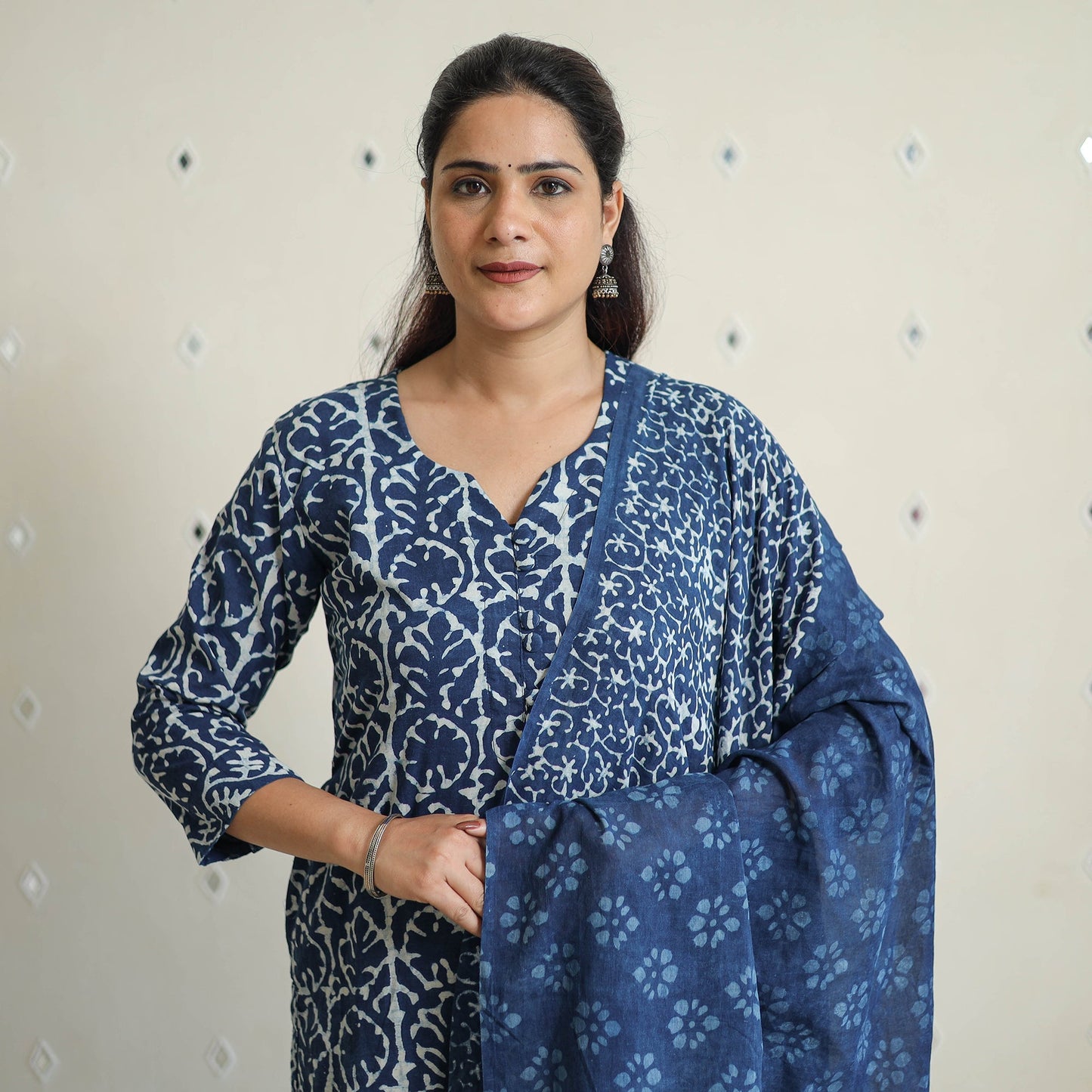 Indigo Bagru Hand Block Print Kurta, Palazzo & Dupatta Set