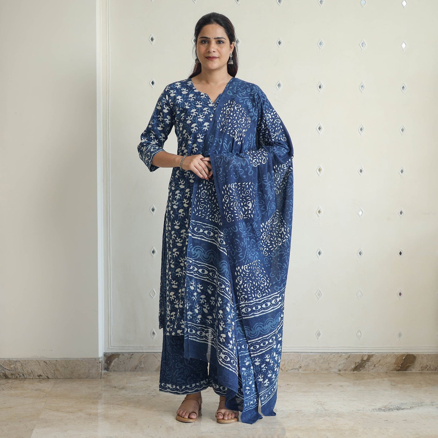 Buy Indigo Bagru Hand Block Print Kurta, Palazzo & Dupatta Set
