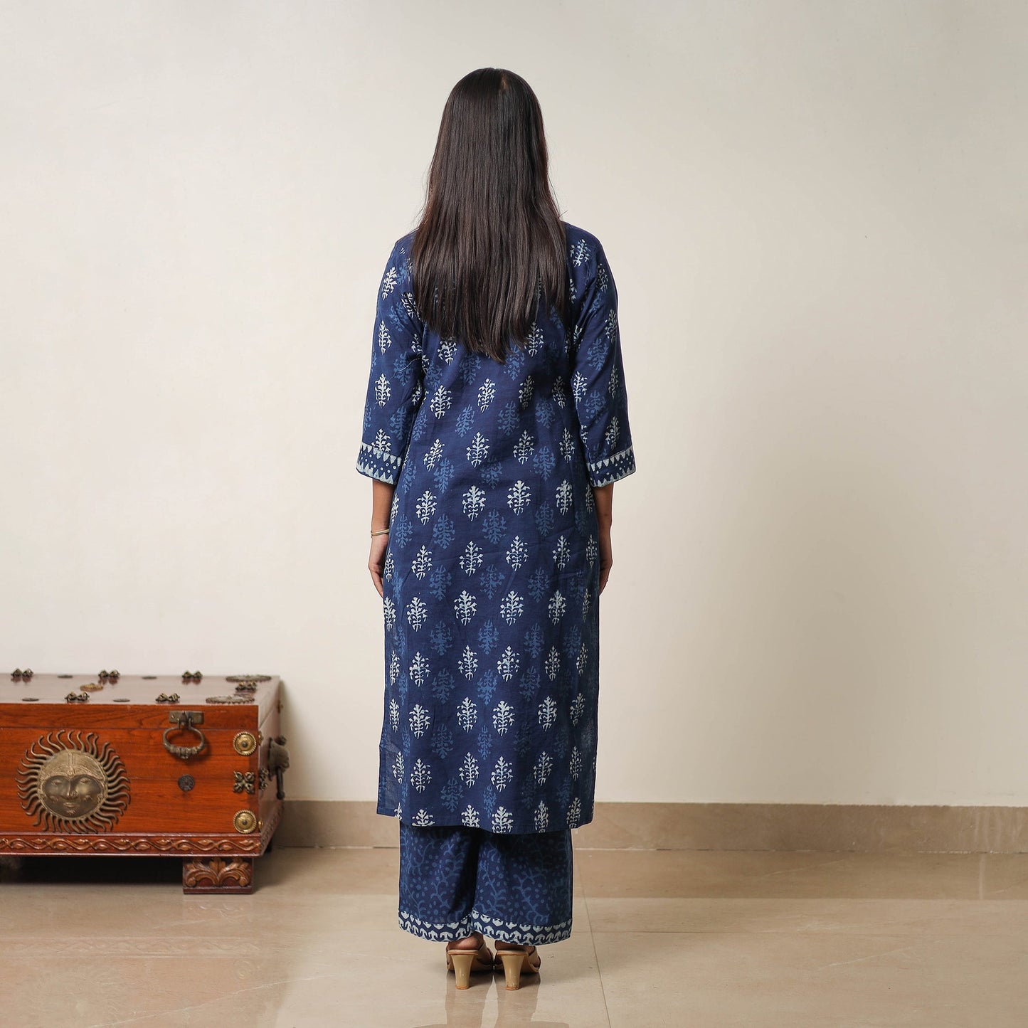 Indigo Bagru Hand Block Print Kurta, Palazzo & Dupatta Set