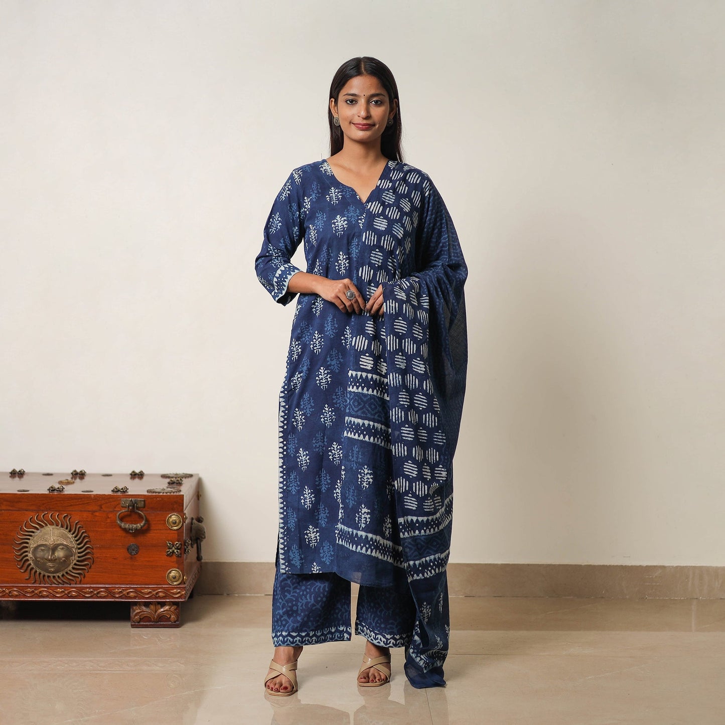 Indigo Bagru Hand Block Print Kurta, Palazzo & Dupatta Set