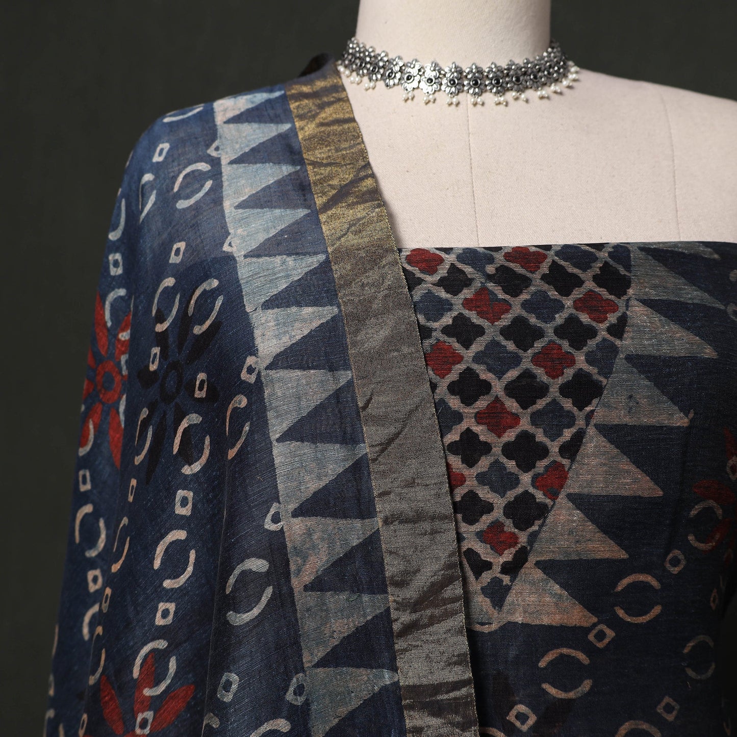 Hand block print linen silk natural dyed ajrakh 2pc