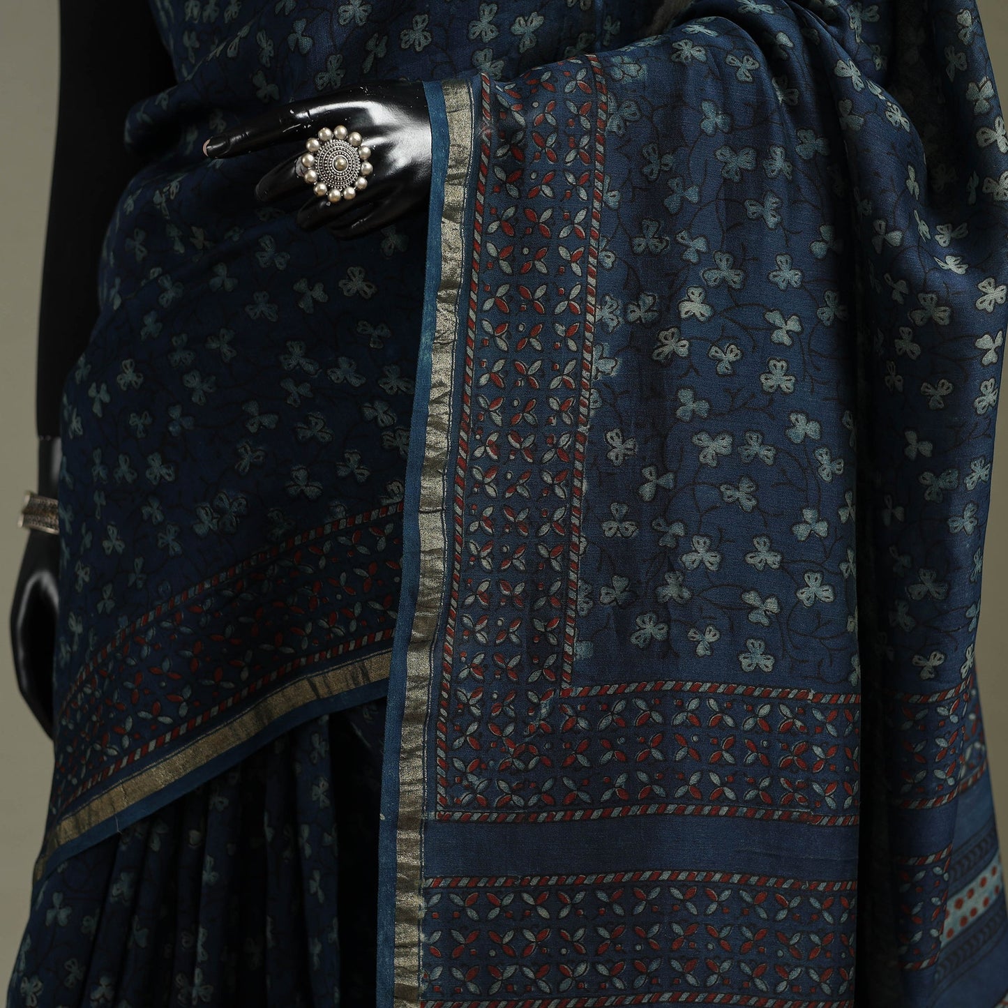 Hand block print natural dyed chanderi silk akola saree 08