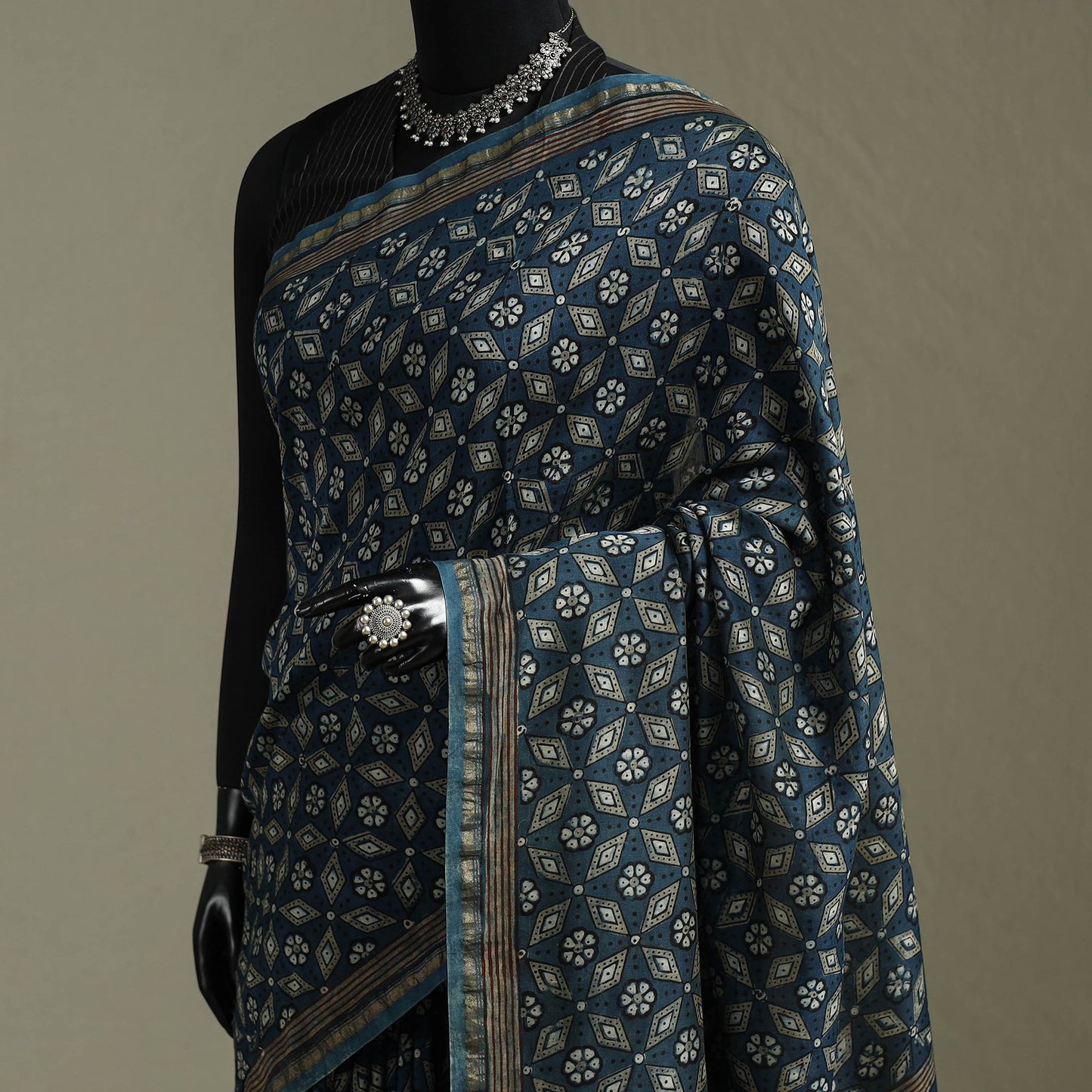Hand block print natural dyed chanderi silk akola saree 10