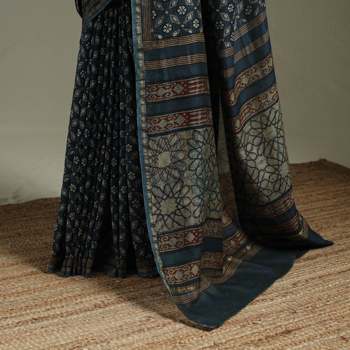 Hand block print natural dyed chanderi silk akola saree 10