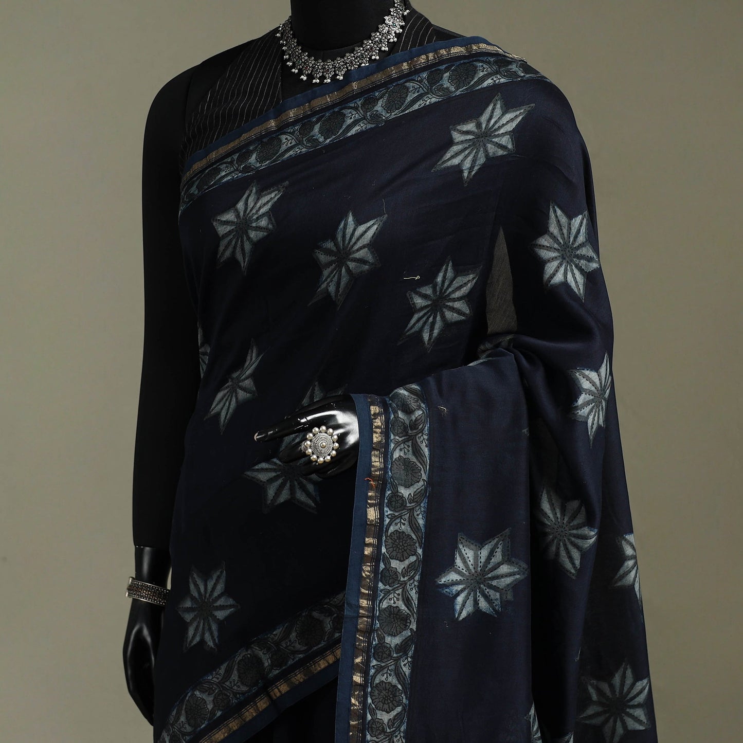 Hand block print natural dyed chanderi silk akola saree 17