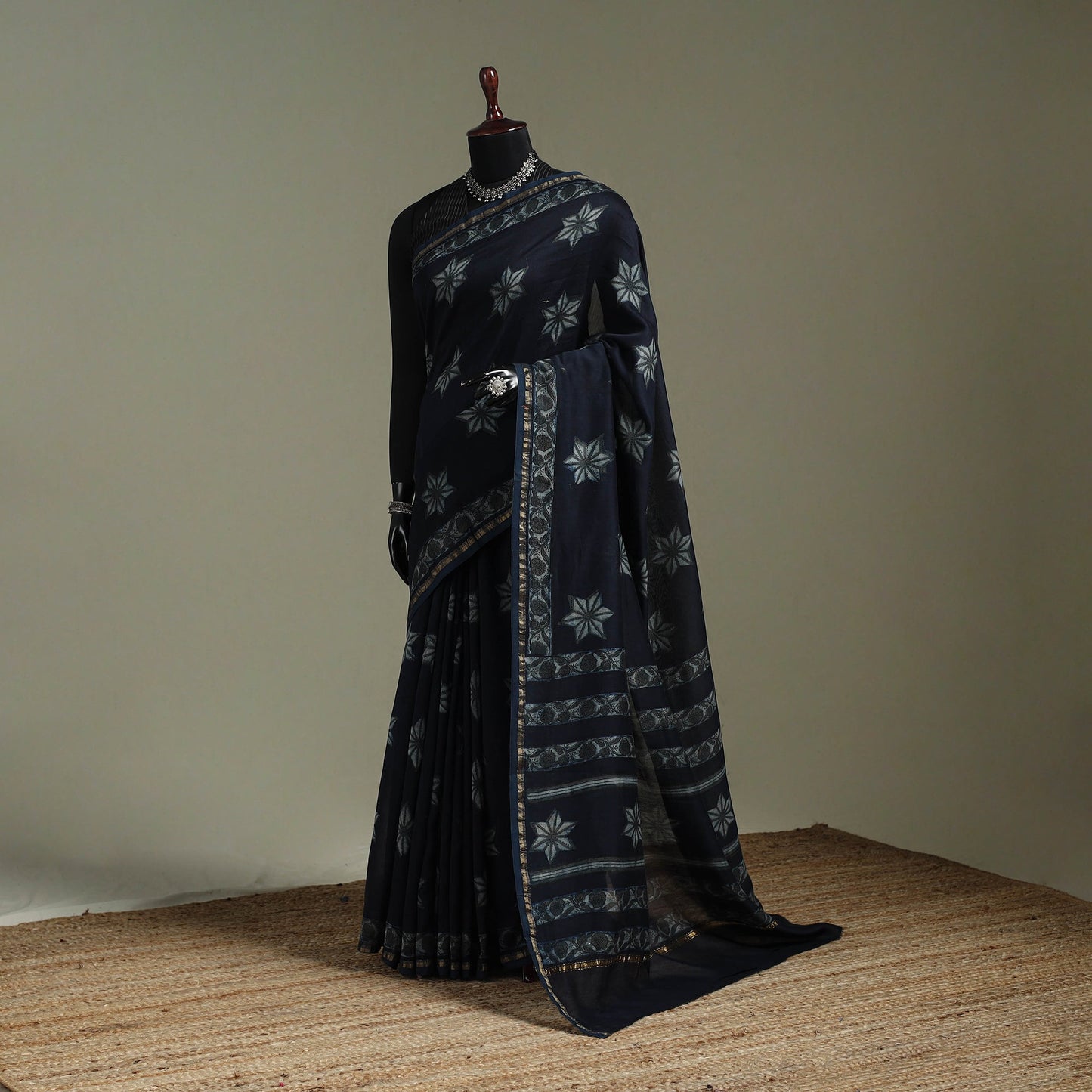 Hand block print natural dyed chanderi silk akola saree 17