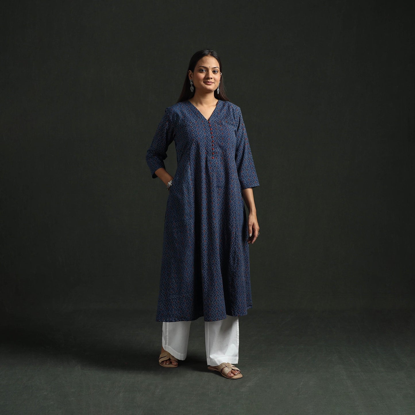 Hand block print natural dyed cotton a-line ajrakh kurta