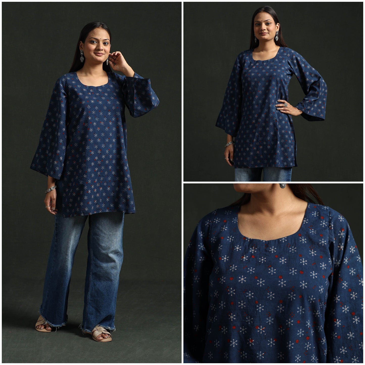 Hand block print natural dyed cotton short ajrakh kurta