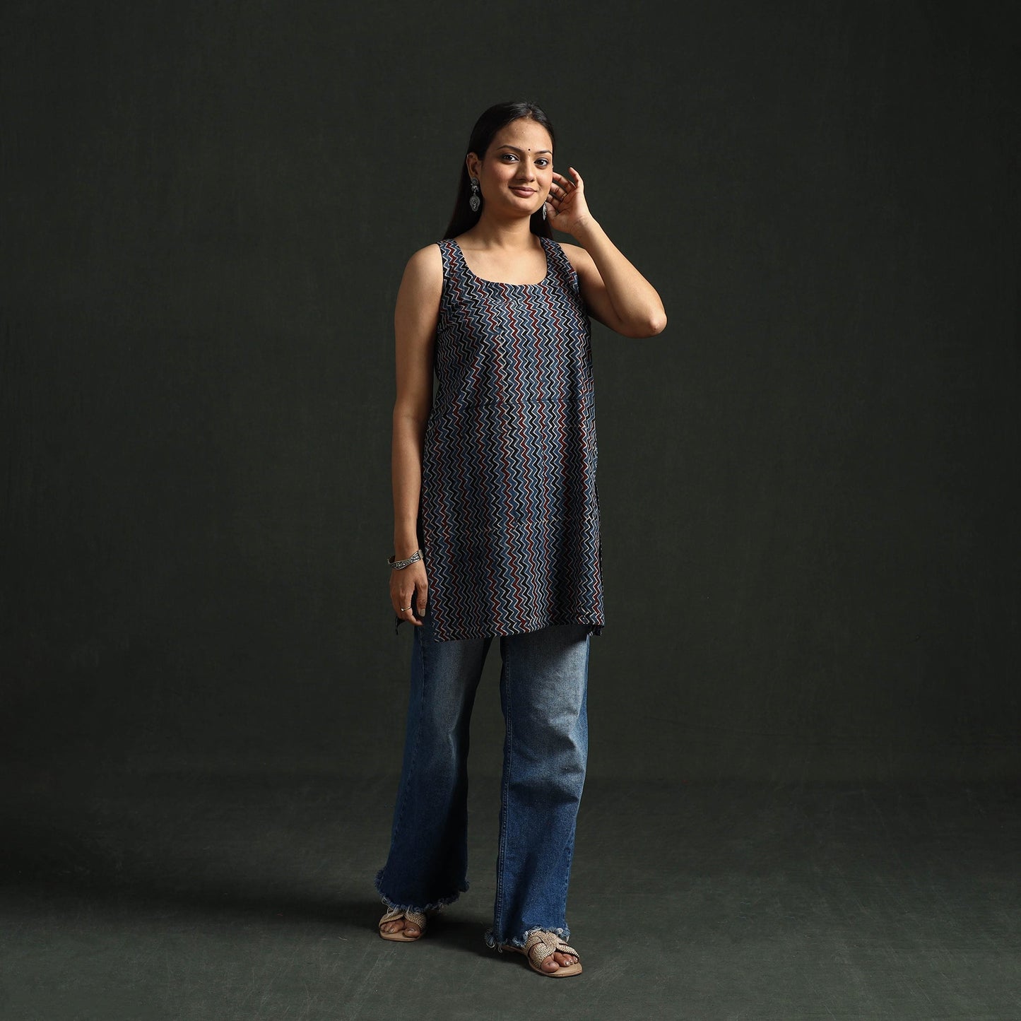 Hand block print natural dyed cotton short ajrakh kurta