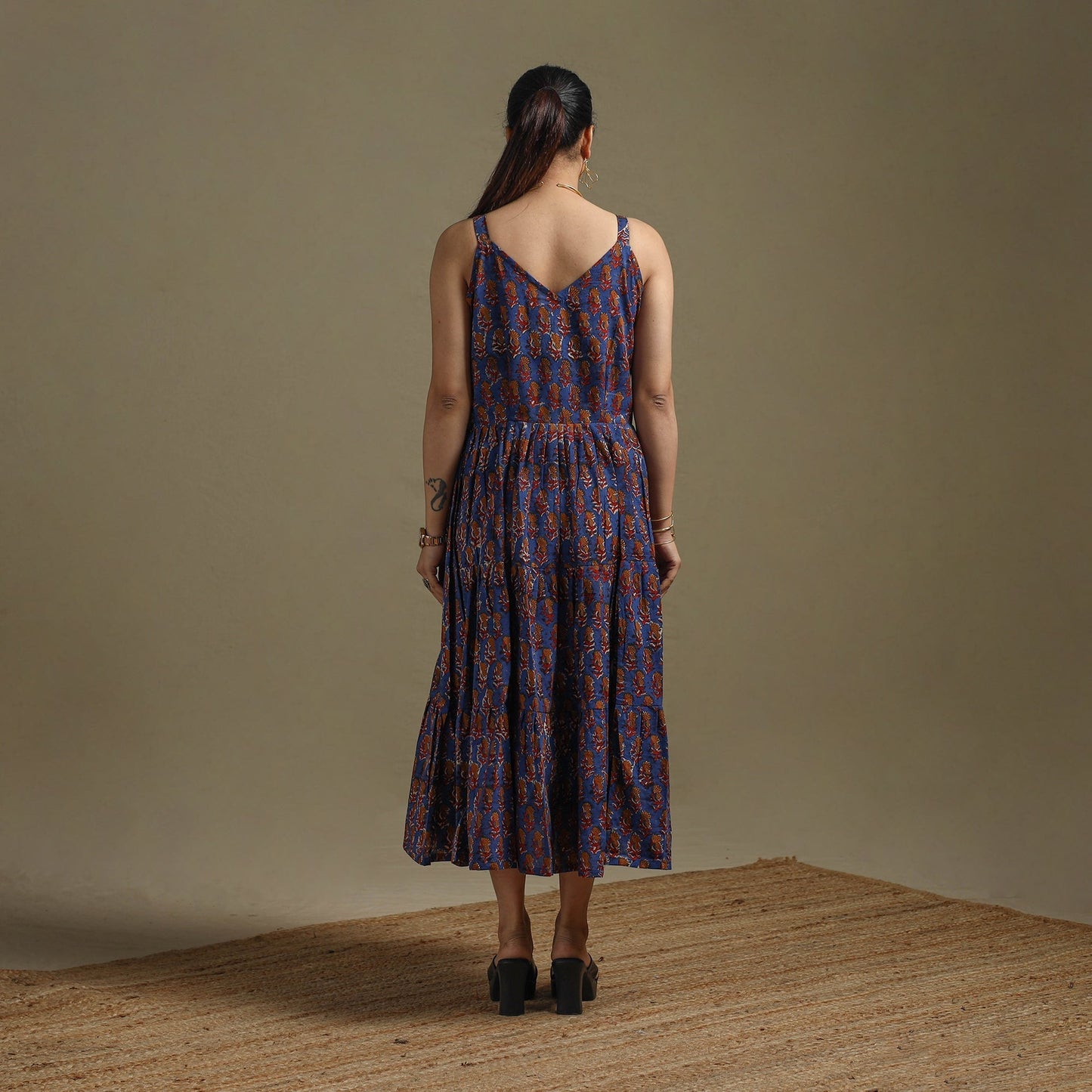 Hand natural dyed cotton tiered bagru dress 08 - handcrafted