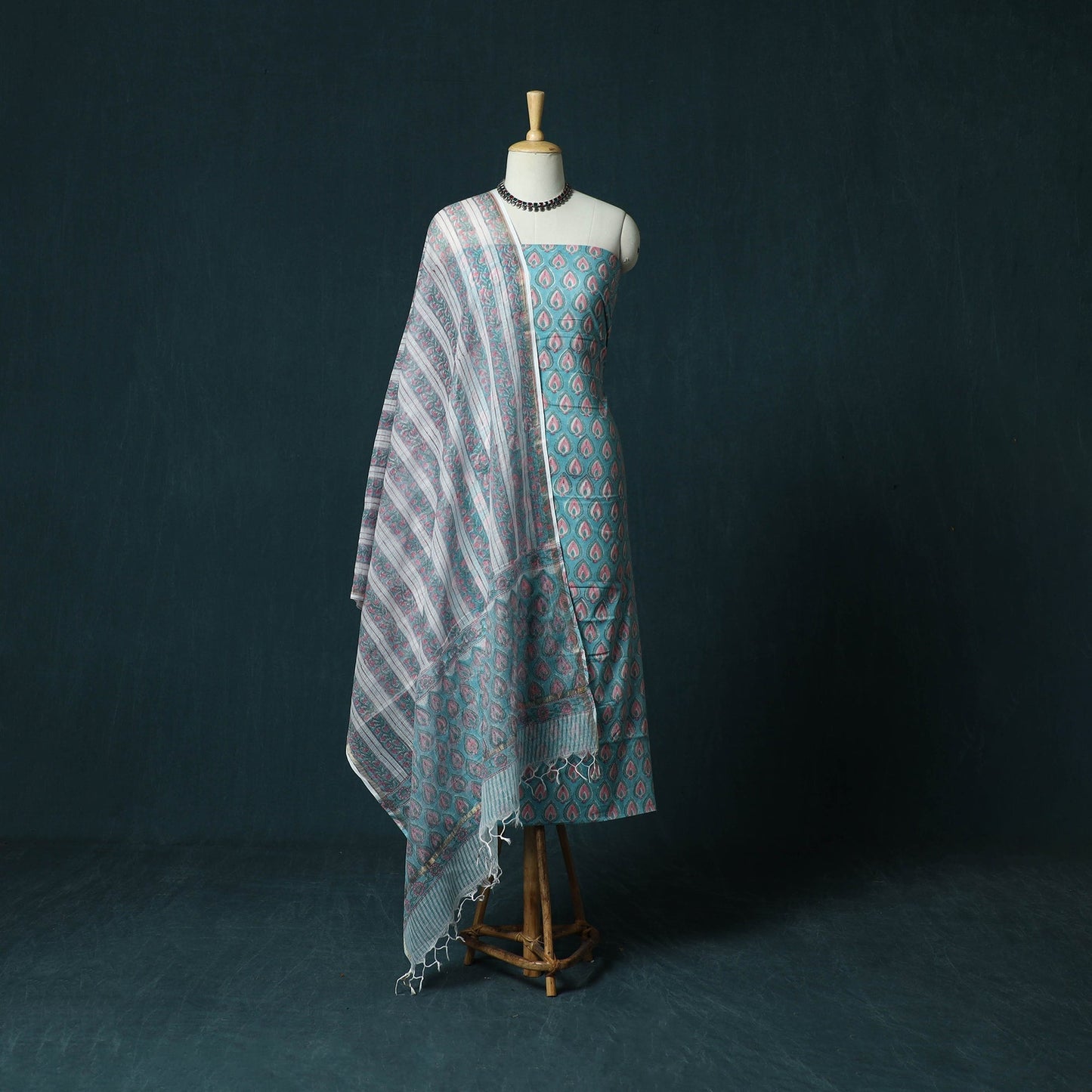 Hand block print sanganeri cotton 3pc unstitched dress