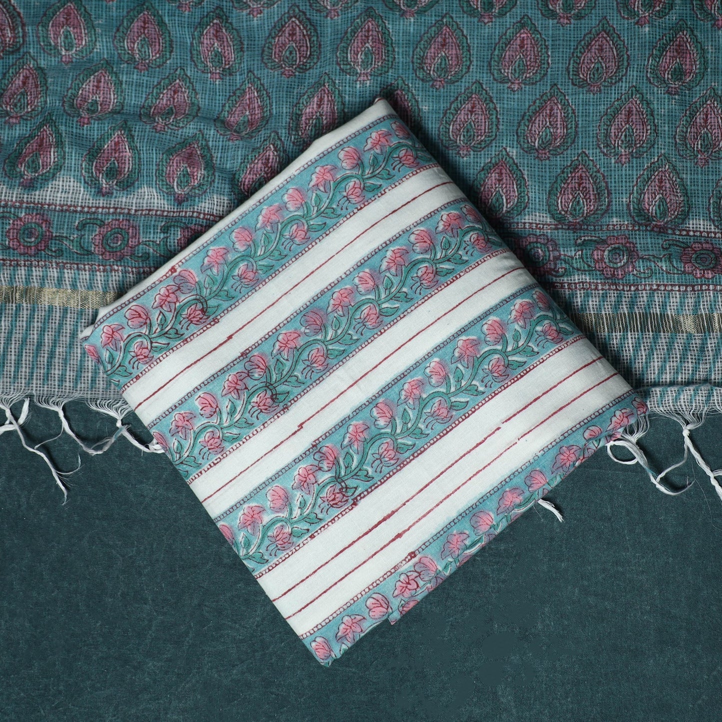 Hand block print sanganeri cotton 3pc unstitched dress