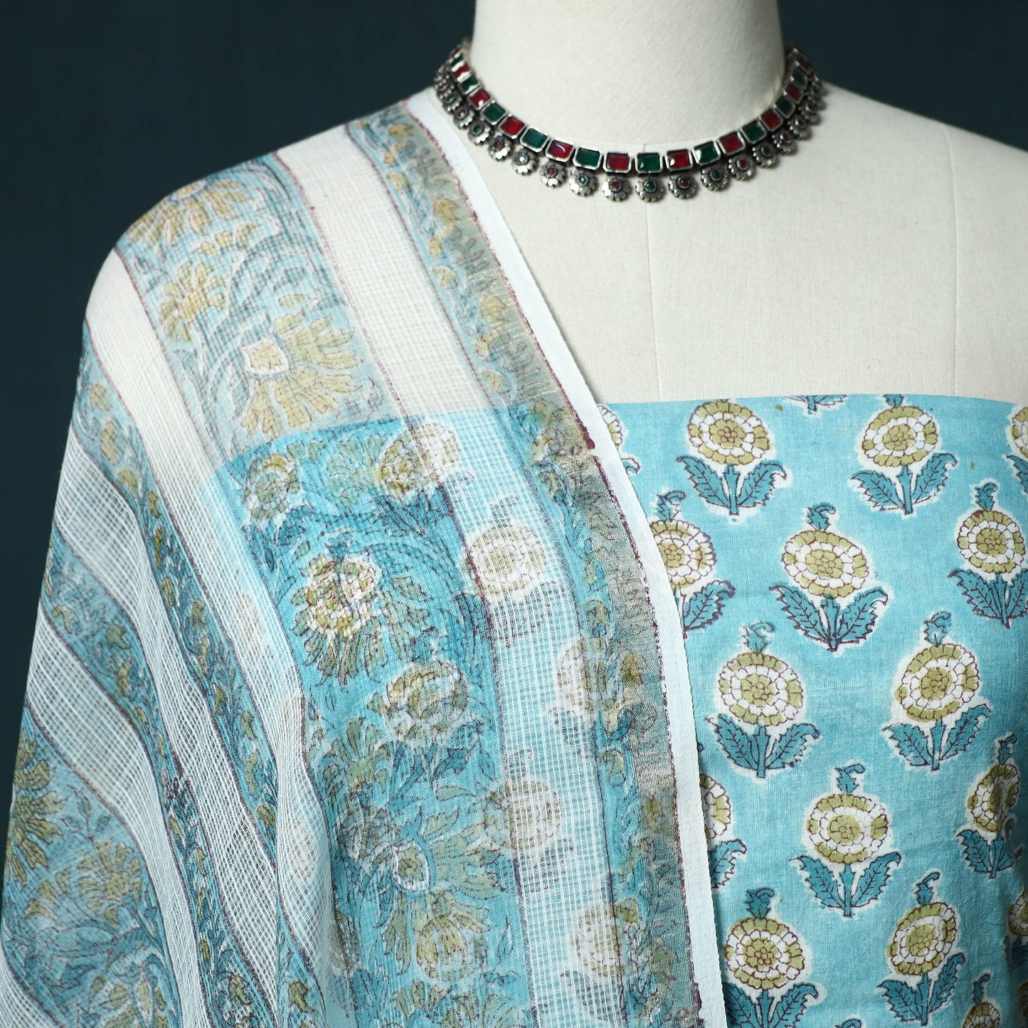 Hand block print sanganeri cotton 3pc unstitched dress