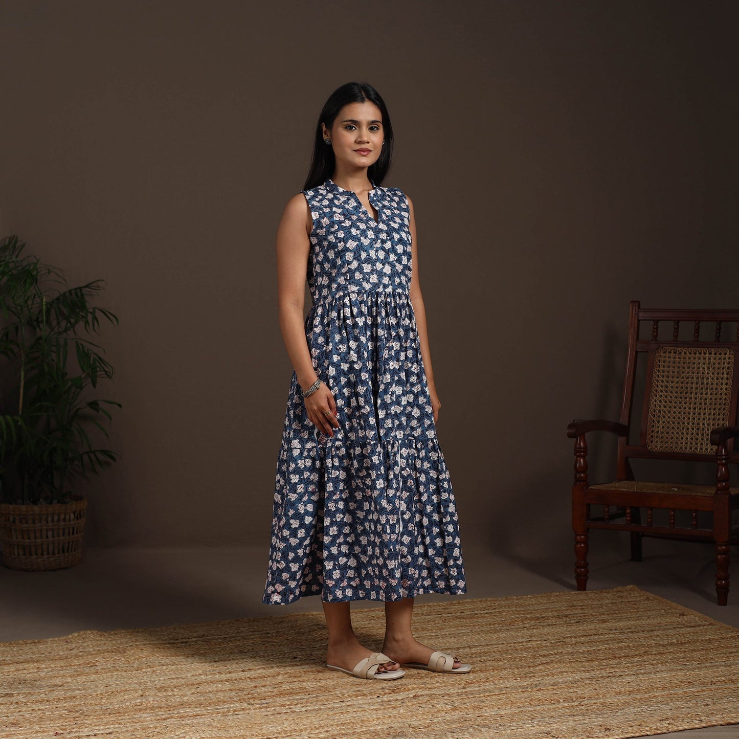 Blue - hand tiered sanganeri dress 08 - handcrafted