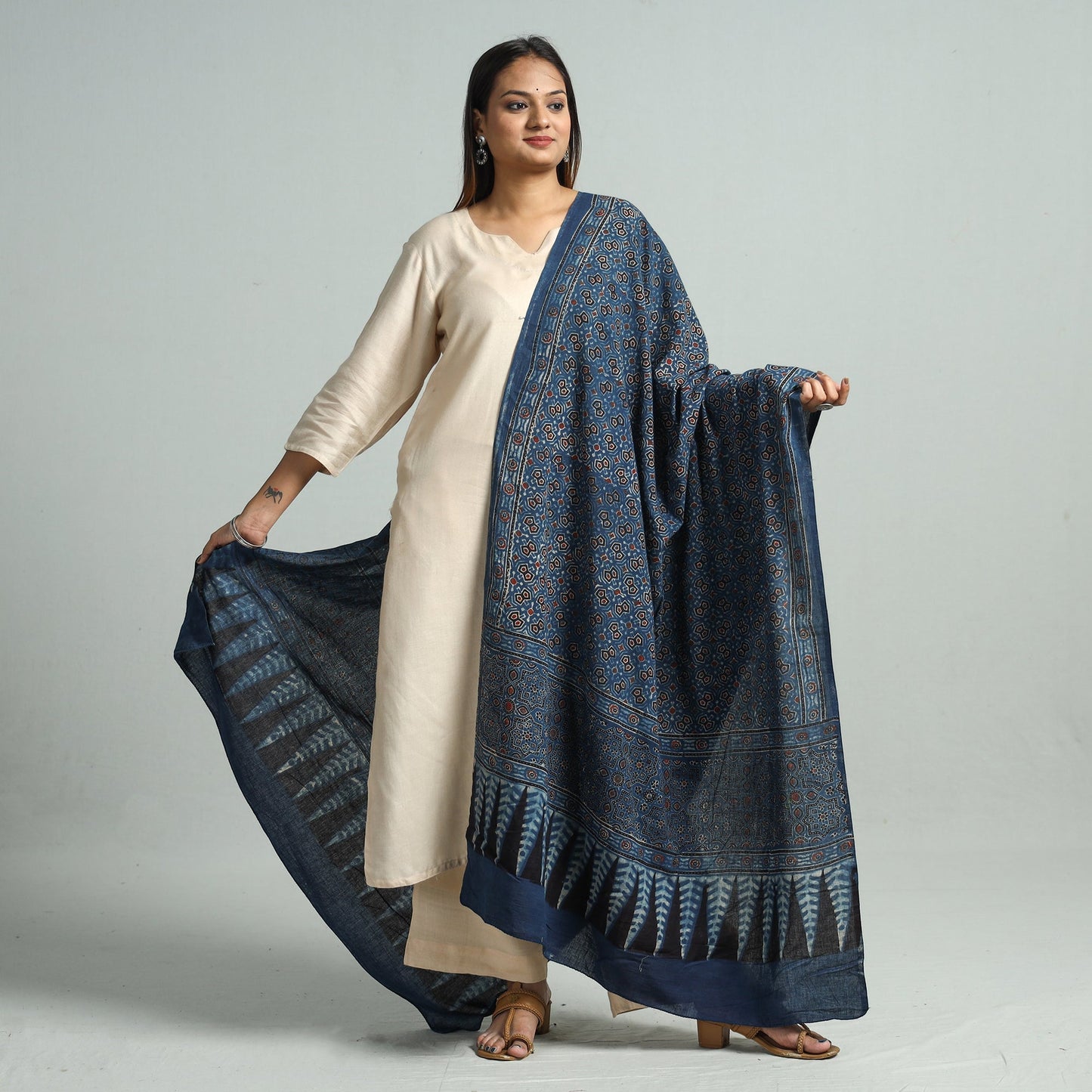 Buy Hand Block Printed Cotton Ajrakh Dupatta
