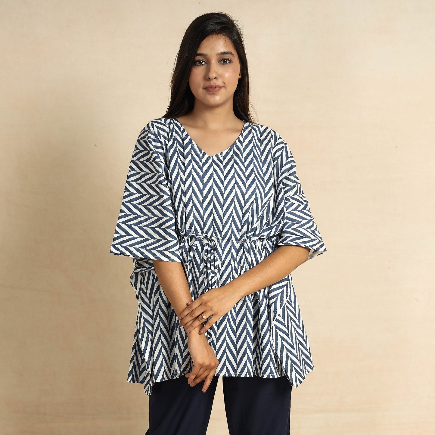Blue Hand Block Printed Cotton Kaftan & Pyjama Night Suit Set