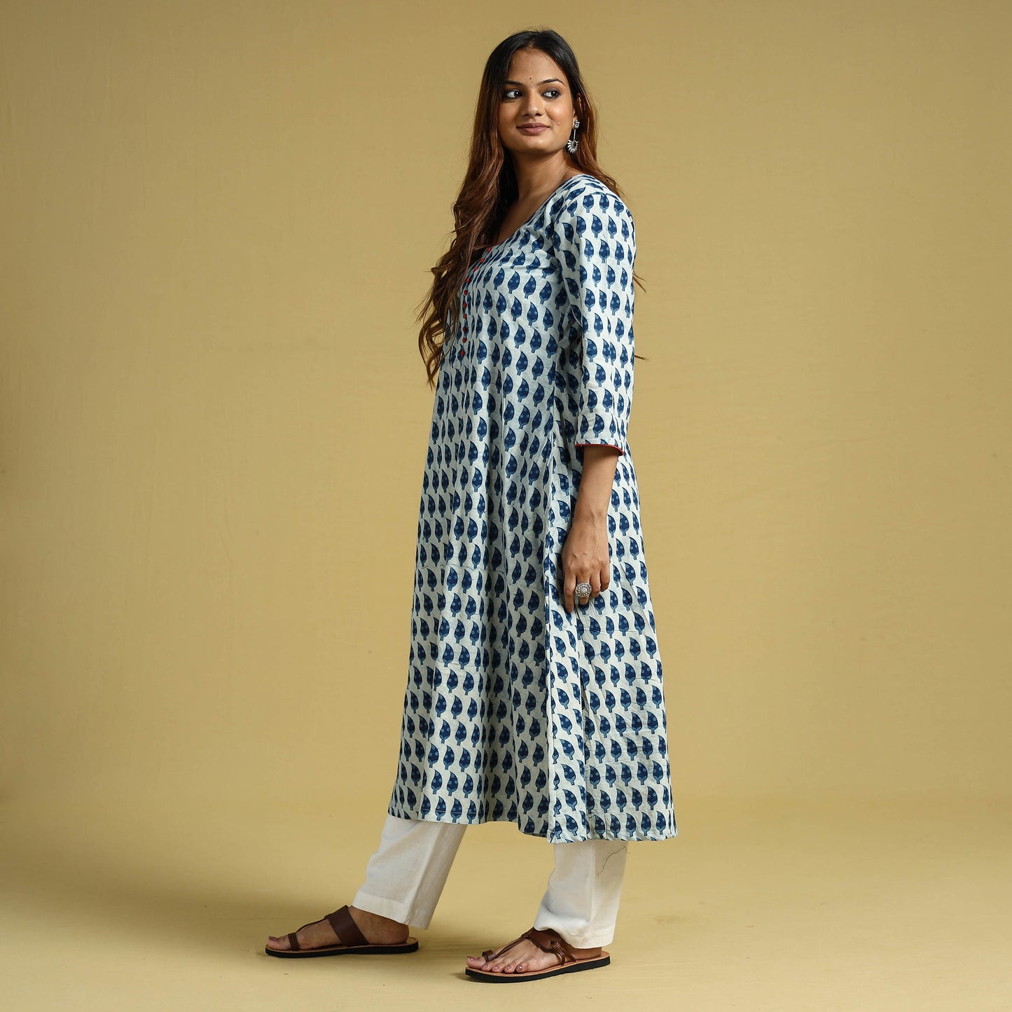 Indigo Hand Block Printed Cotton Long Kurta