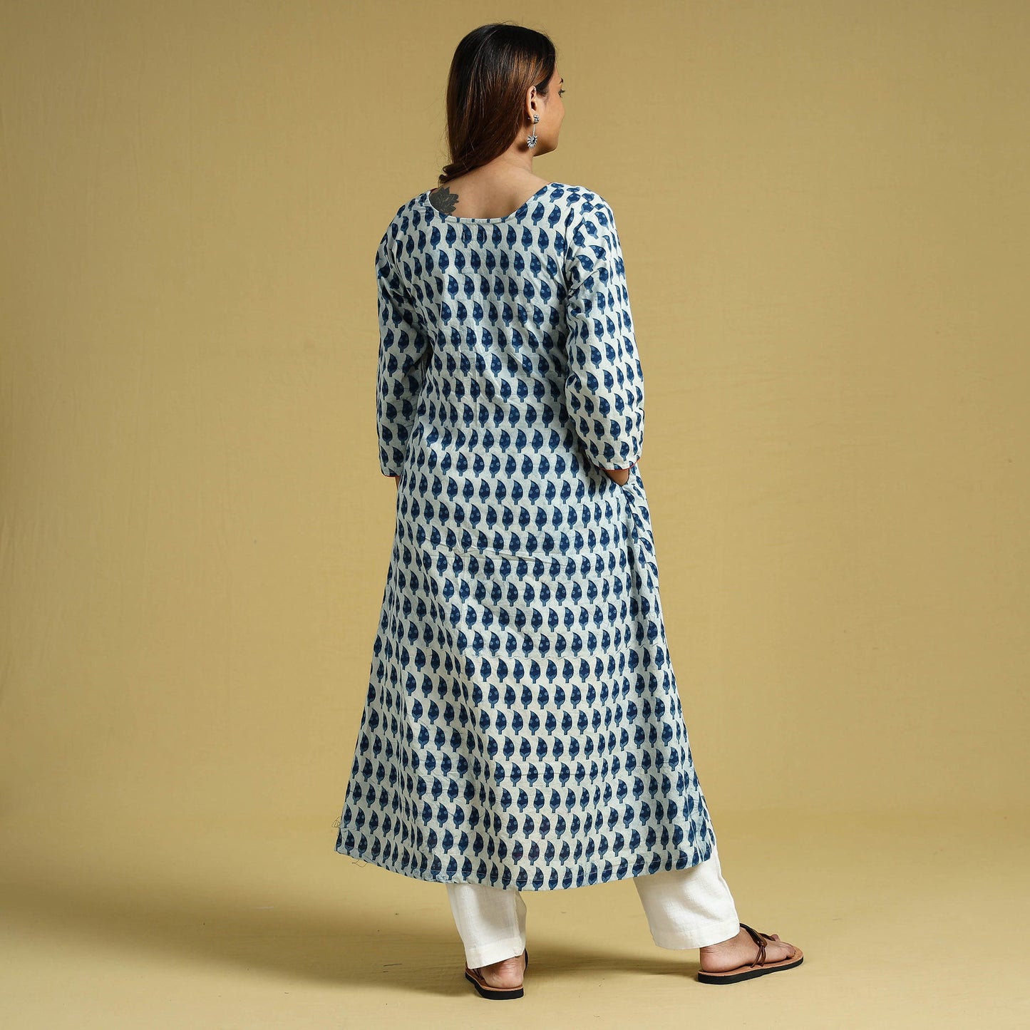 Indigo Hand Block Printed Cotton Long Kurta