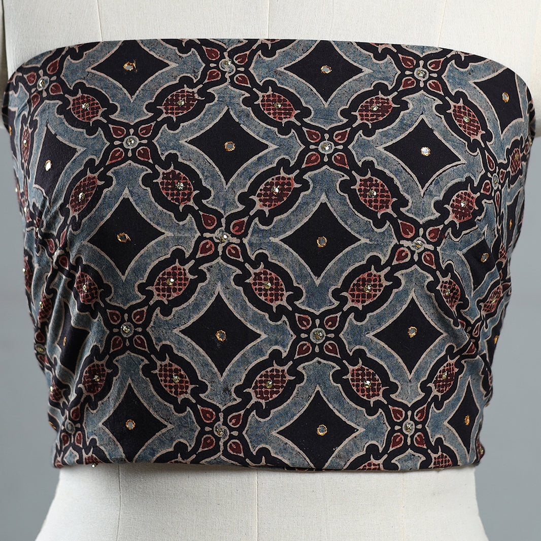 Buy Blue Hand Embroidered Ajrakh Cotton Blouse Piece 03