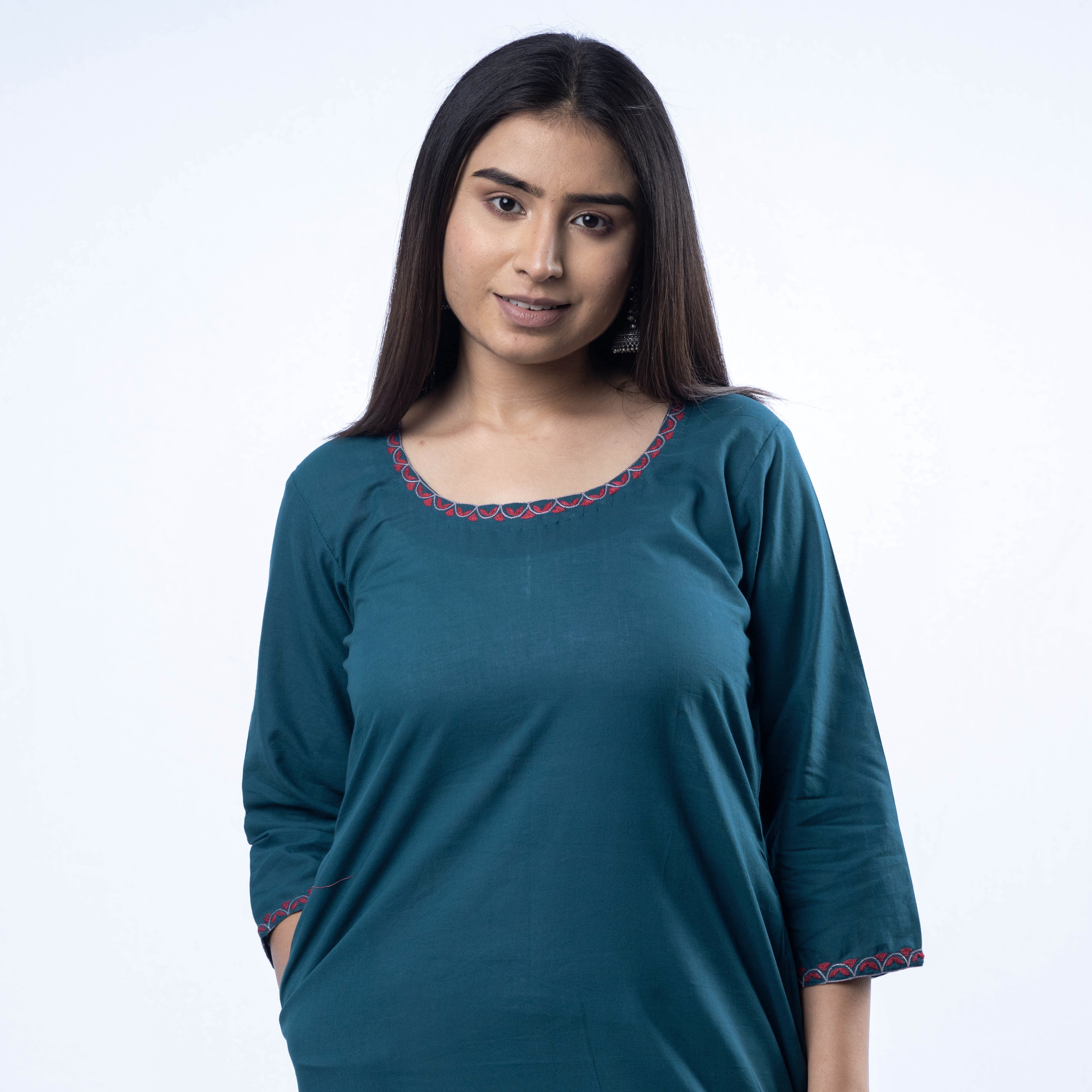 Blue - Hand Embroidered Blue Cotton Long Straight Kurta