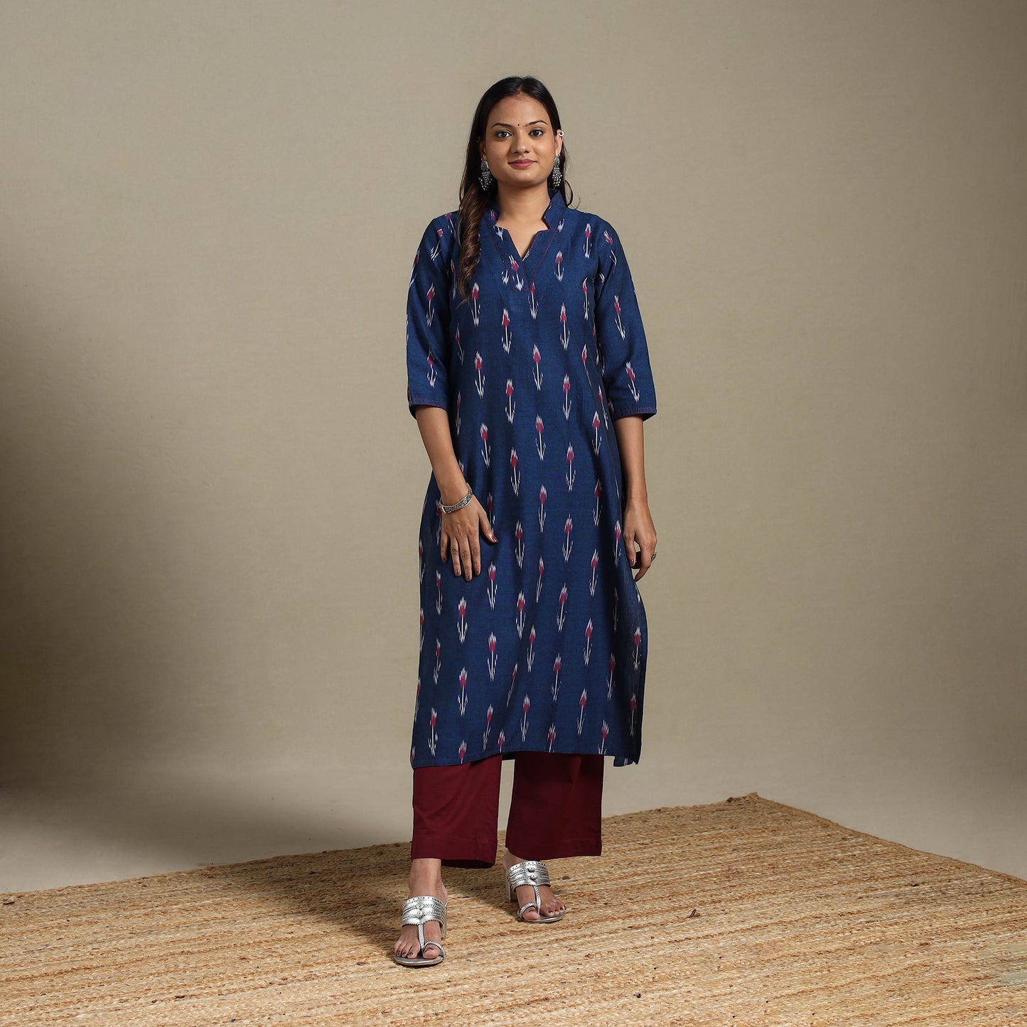 Blue - hand embroidered cotton straight pochampally ikat