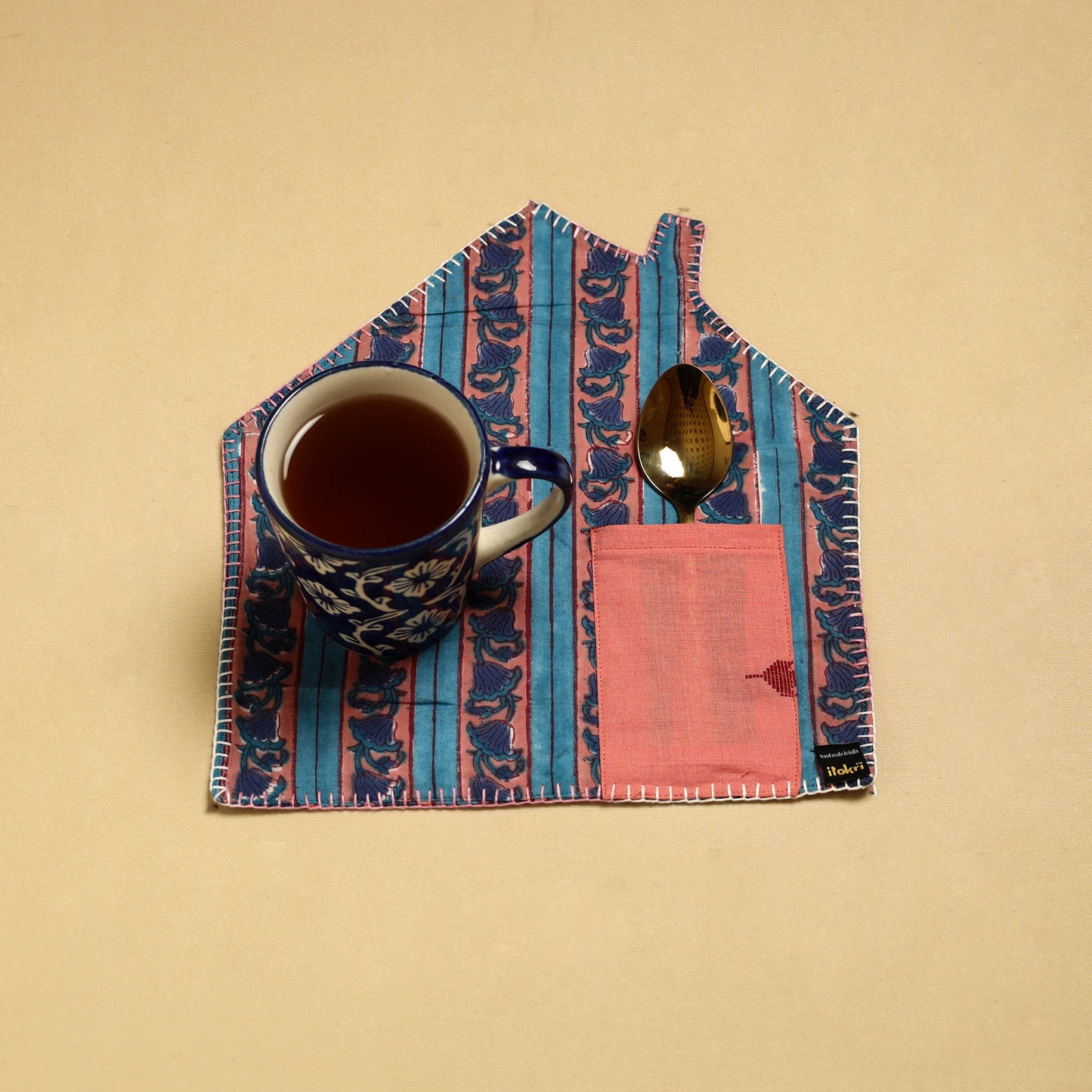 Blue Hand Embroidered Floral Pot Holder with Pocket