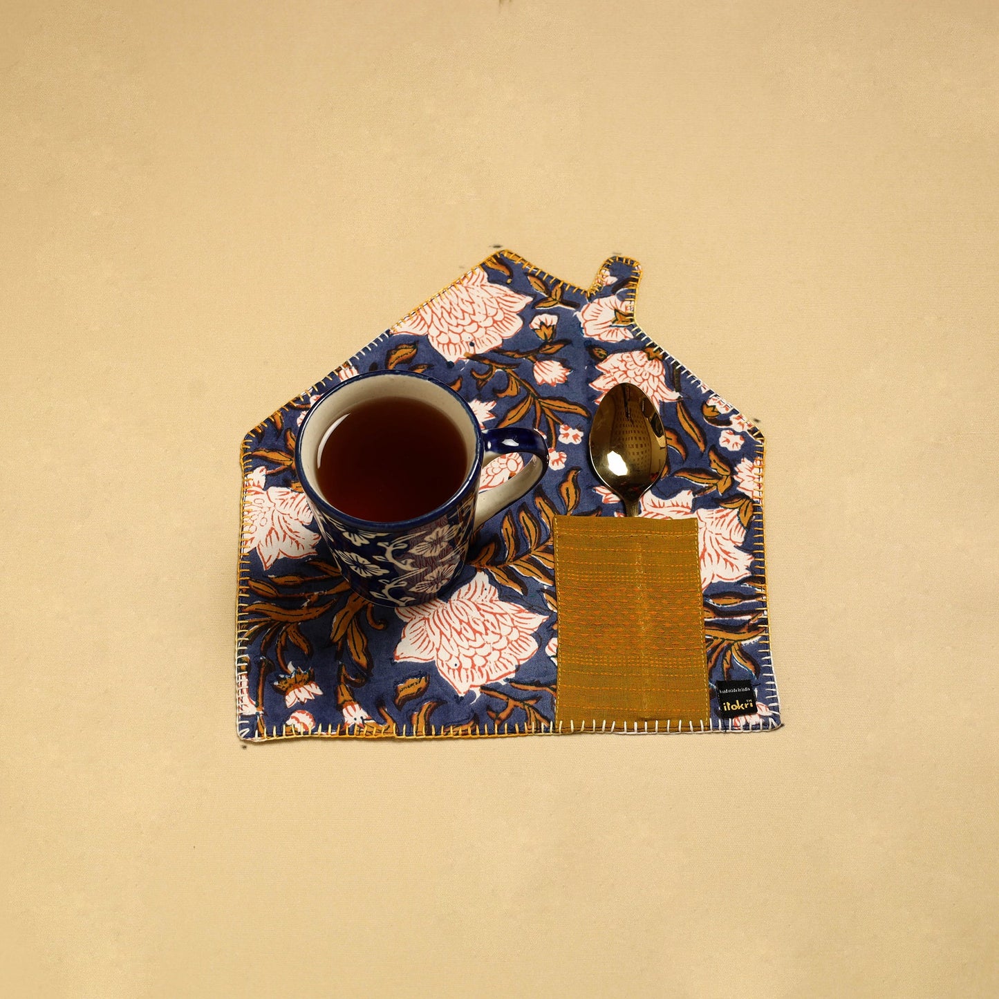 Blue Hand Embroidered Floral Pot Holder with Pocket