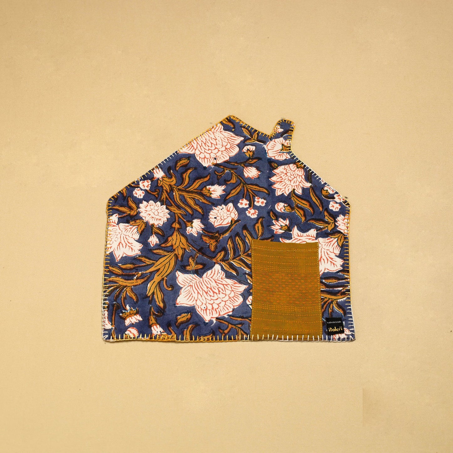 Blue Hand Embroidered Floral Pot Holder with Pocket