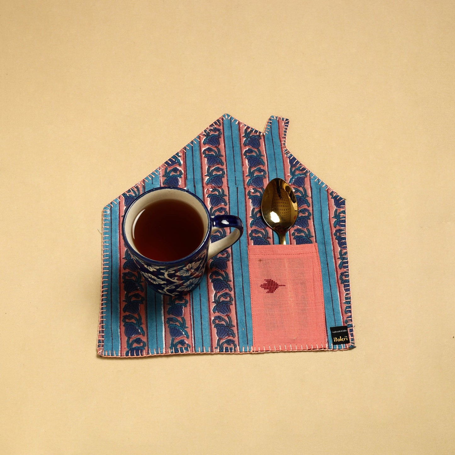 Hand Embroidered Blue Floral Pot Holder with Pocket