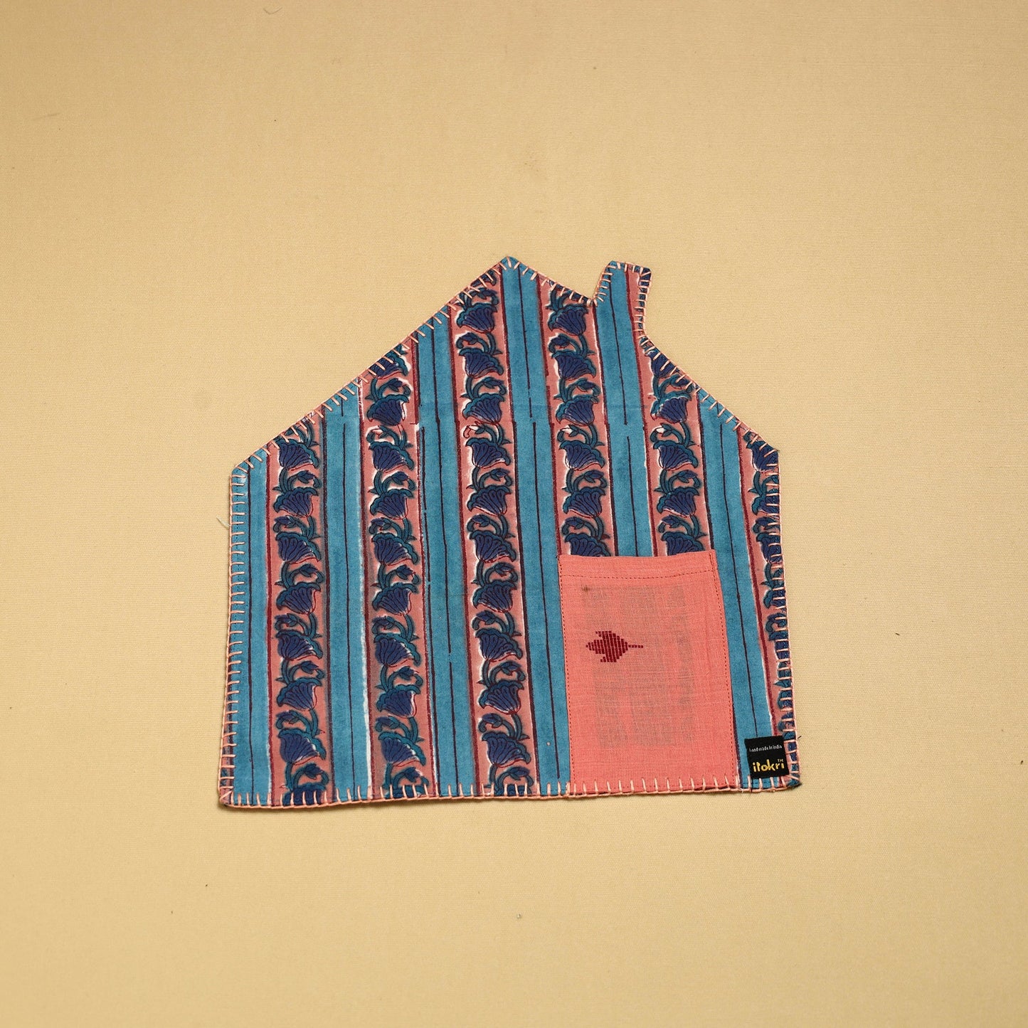 Hand Embroidered Blue Floral Pot Holder with Pocket