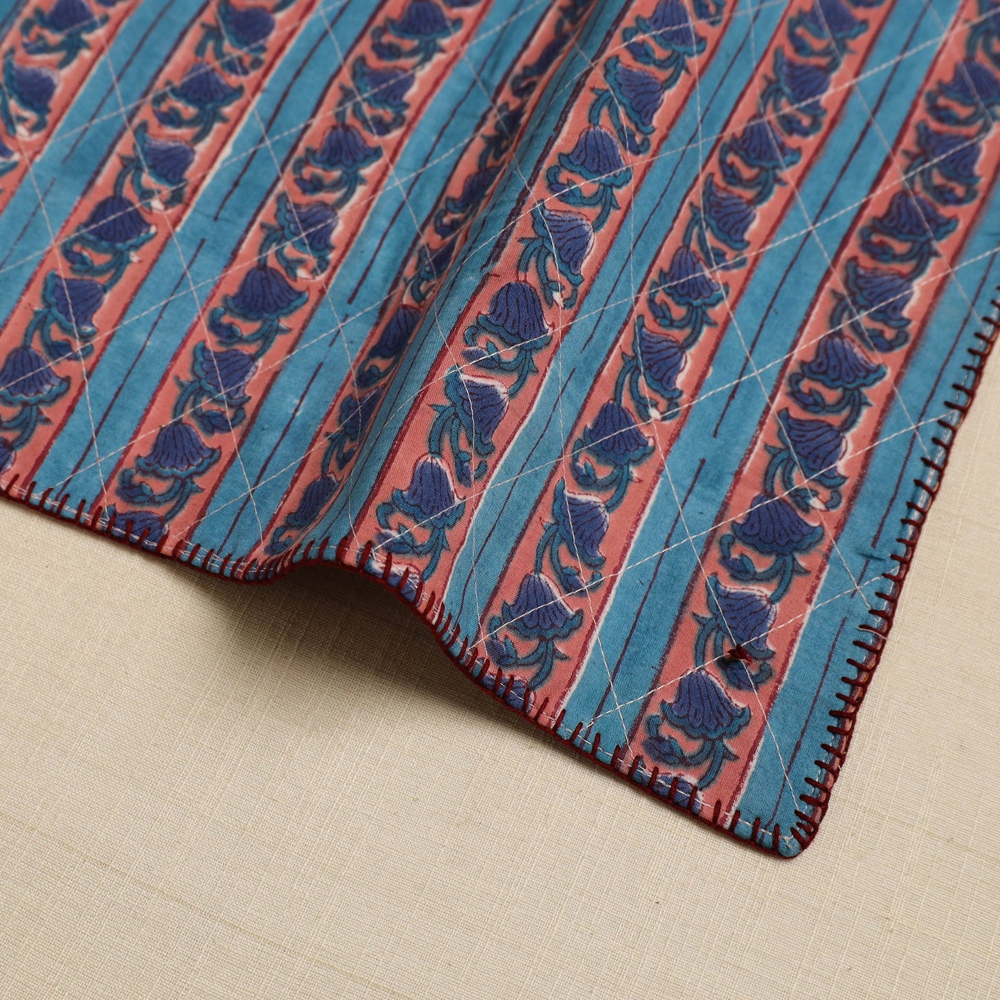 Blue Hand Embroidered Floral Cotton Reversible Table Mat